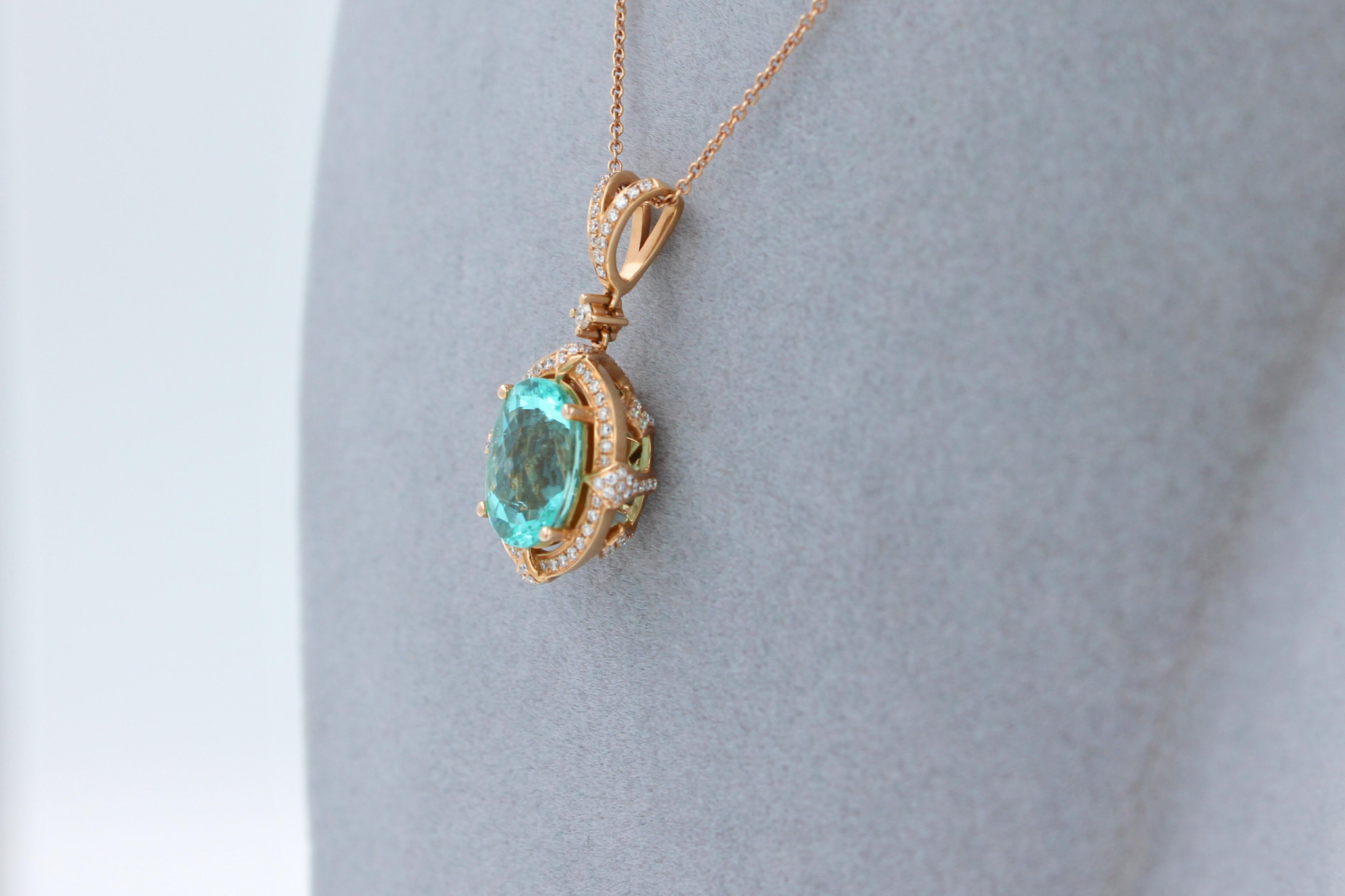 Teal Paraiba Tourmaline Diamond Halo Unique 18 Karat Rose Gold Pendant Necklace
