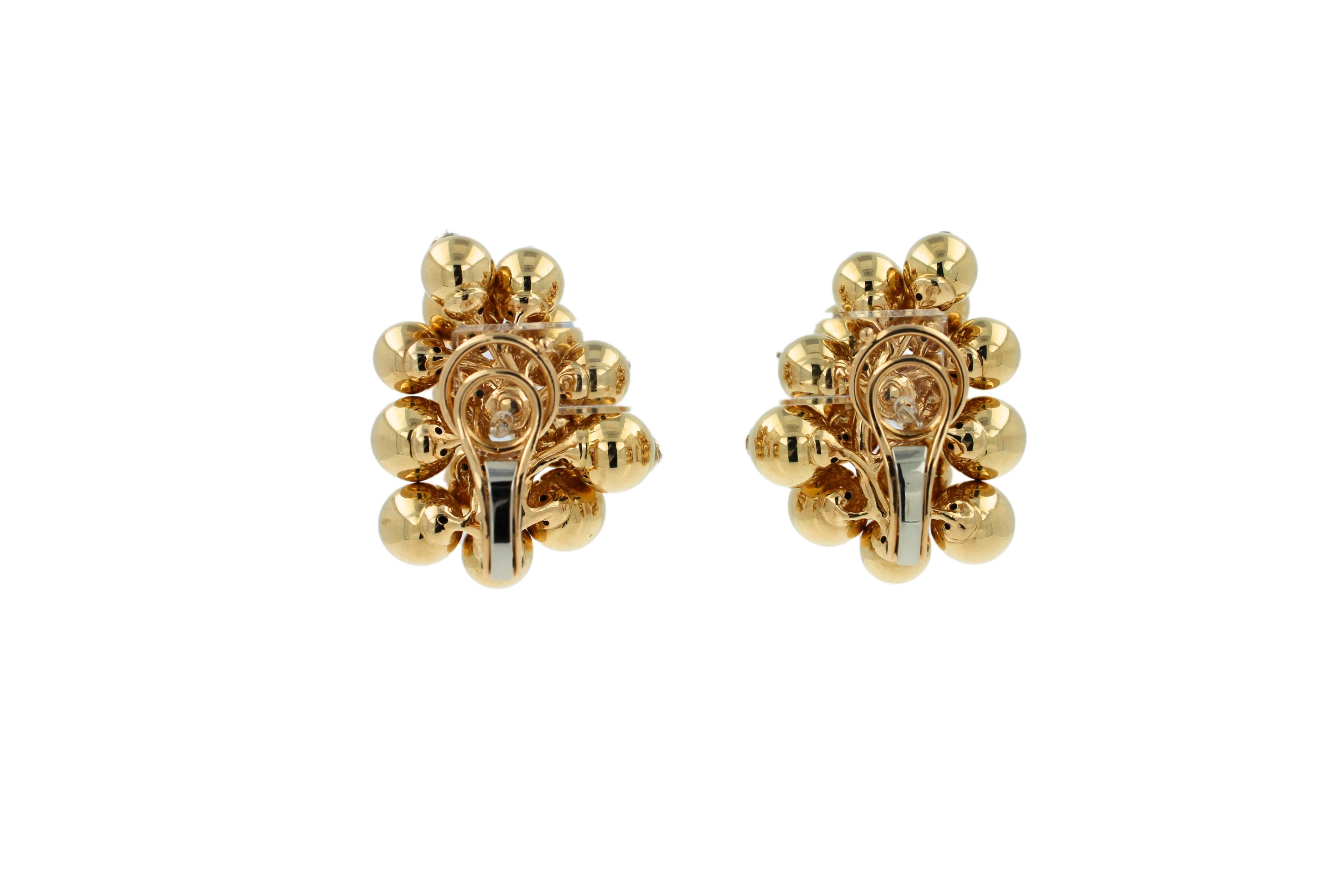 Diamonds Golden Spheres Gold Balls Geometric Bells Motif 18K Gold Earrings