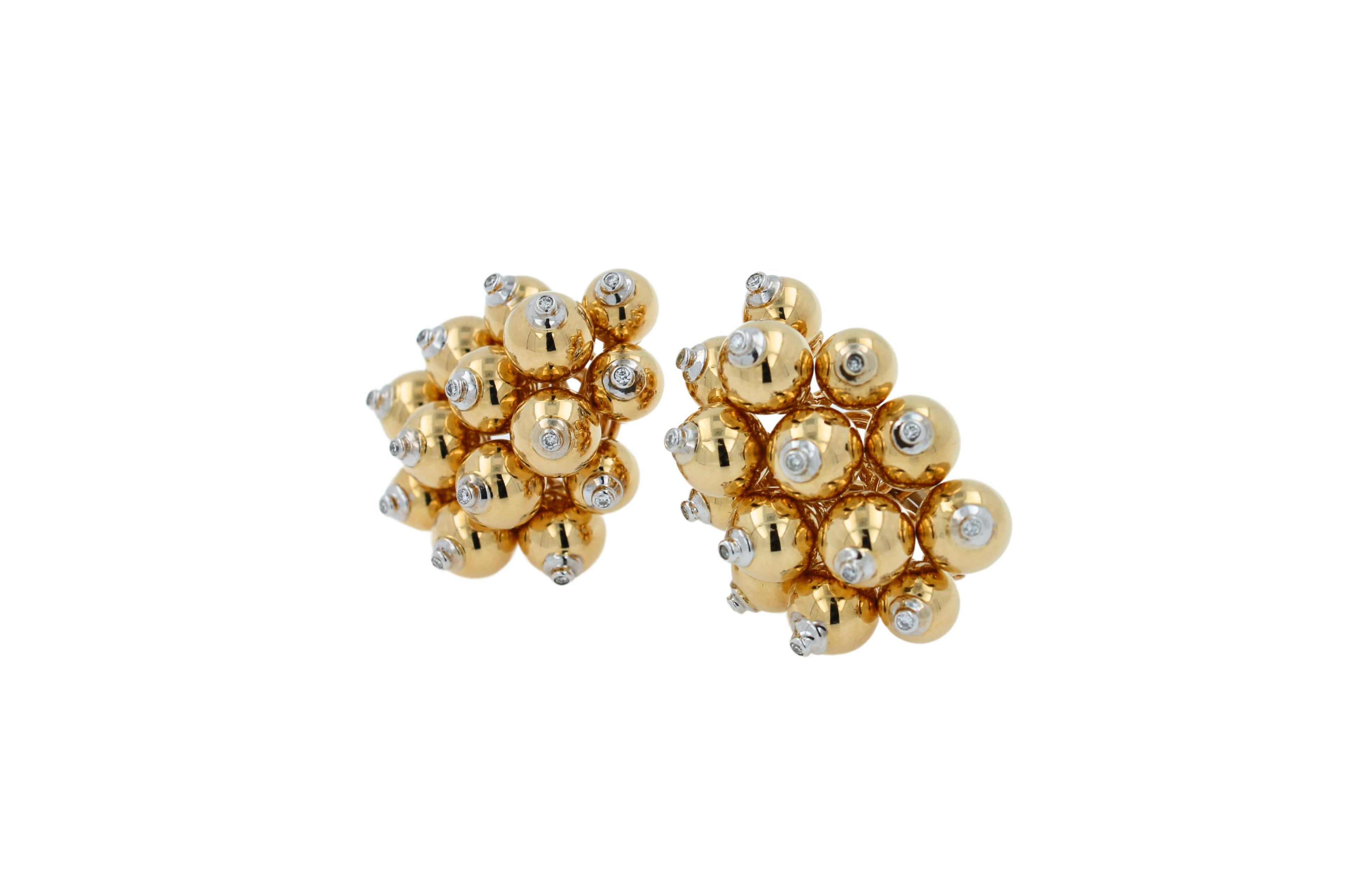 Diamonds Golden Spheres Gold Balls Geometric Bells Motif 18K Gold Earrings