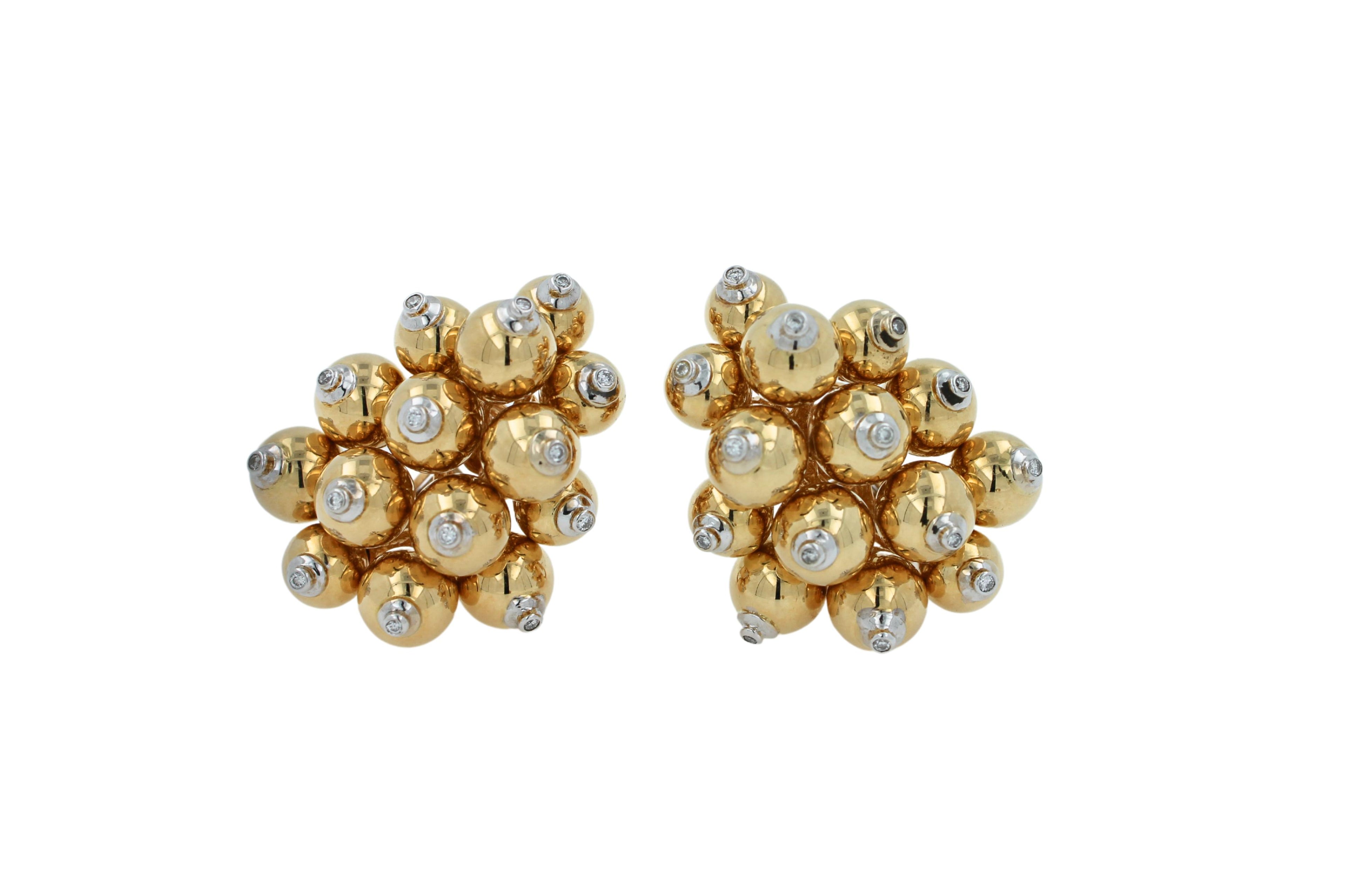 Diamonds Golden Spheres Gold Balls Geometric Bells Motif 18K Gold Earrings