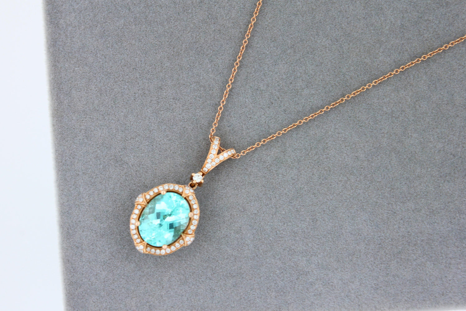 Teal Paraiba Tourmaline Diamond Halo Unique 18 Karat Rose Gold Pendant Necklace
