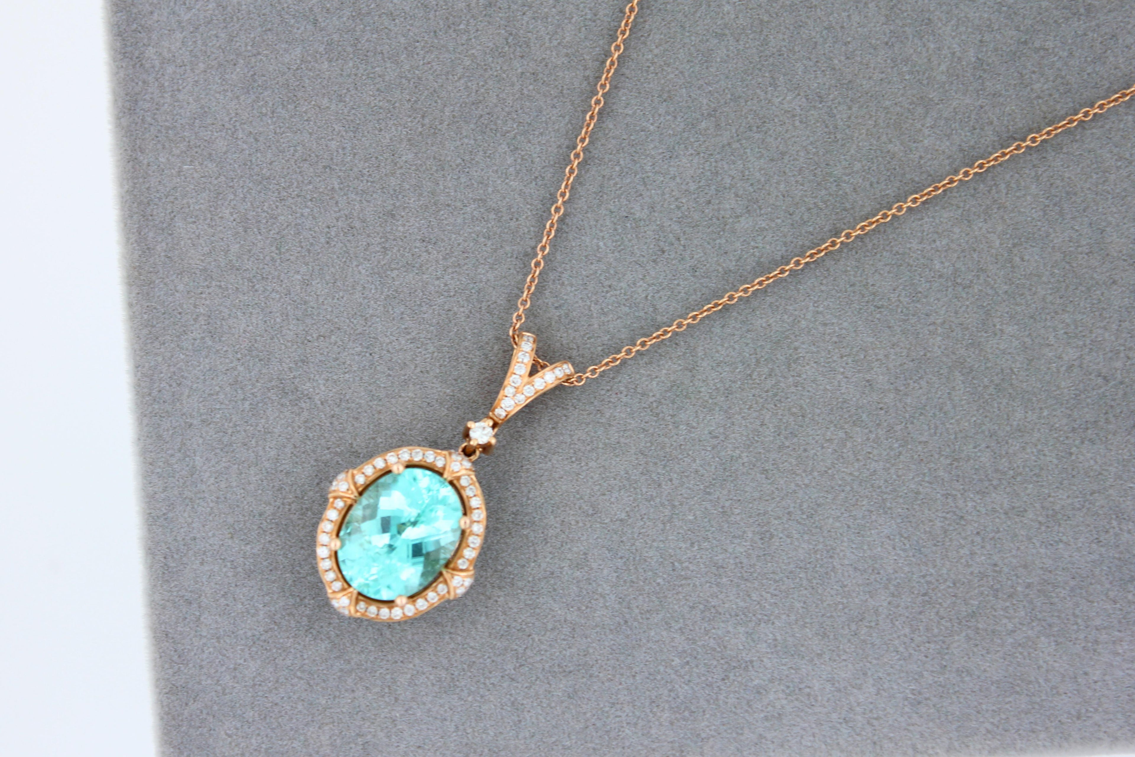 Teal Paraiba Tourmaline Diamond Halo Unique 18 Karat Rose Gold Pendant Necklace