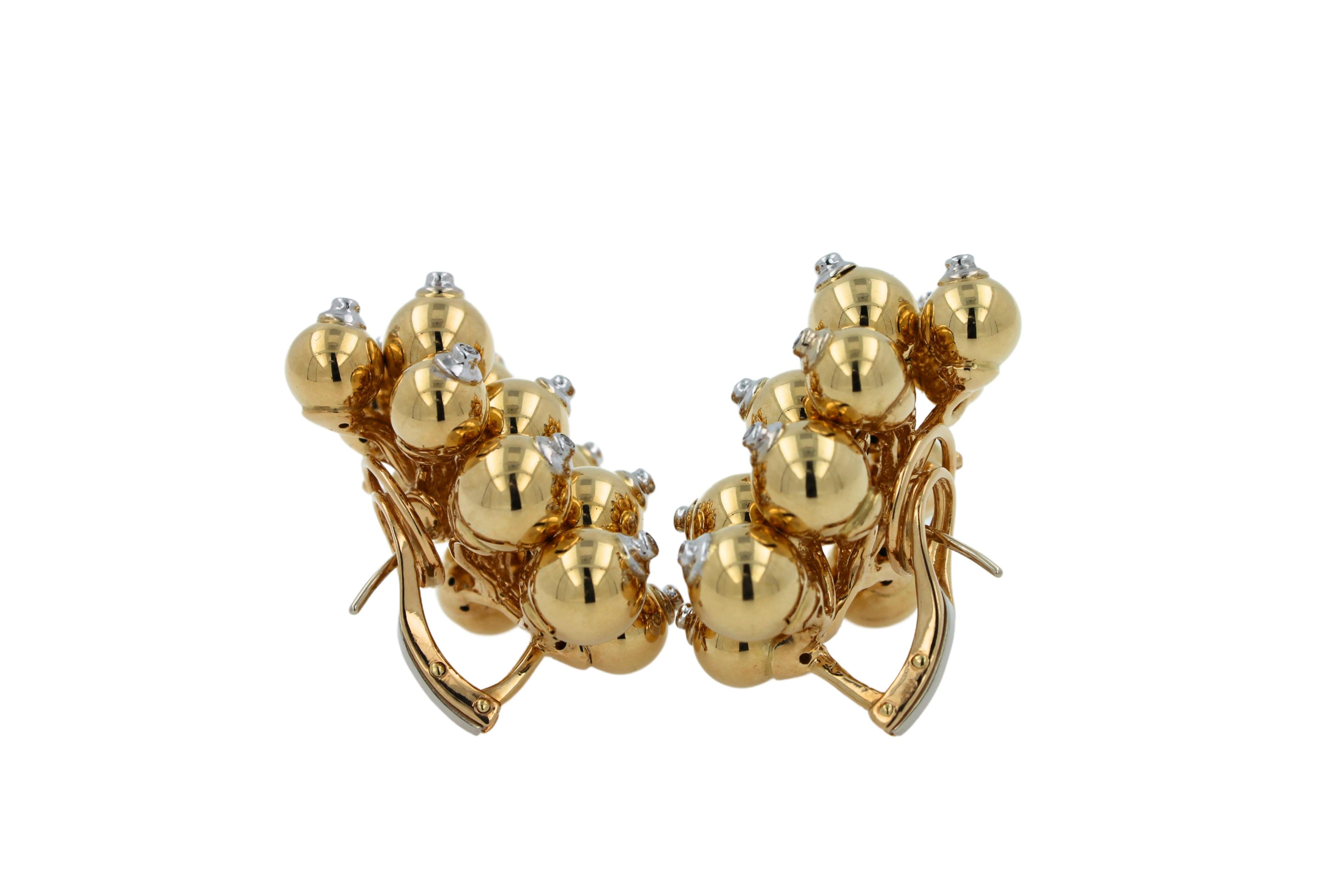 Diamonds Golden Spheres Gold Balls Geometric Bells Motif 18K Gold Earrings