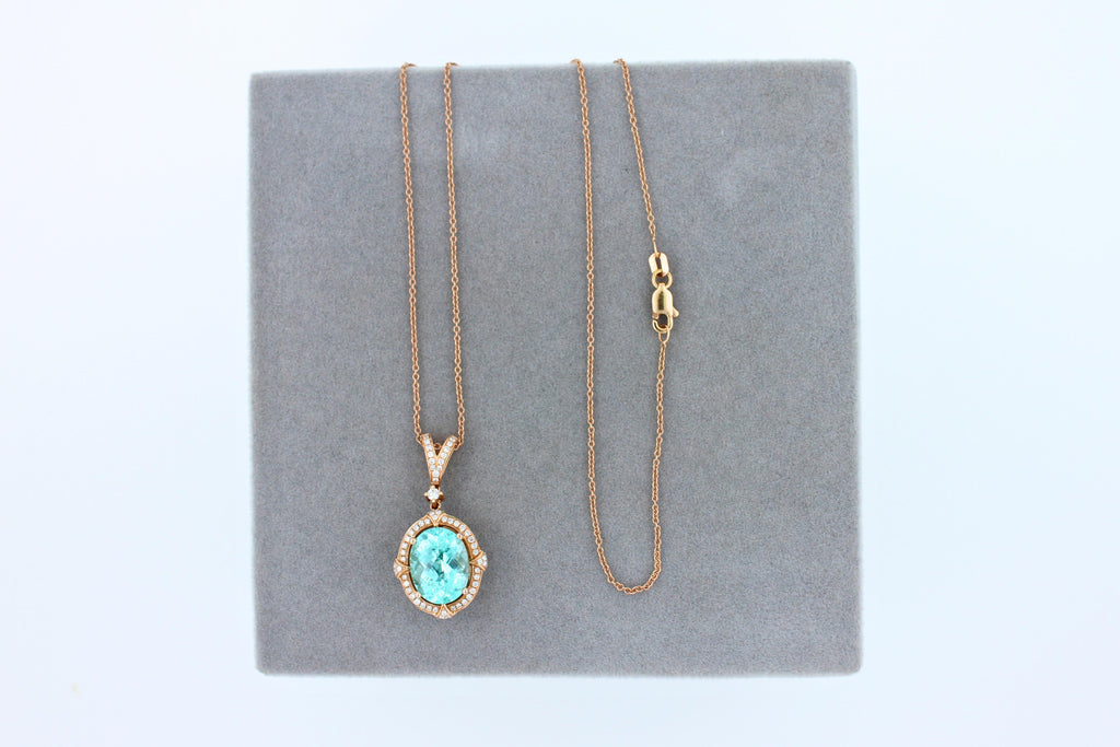 Teal Paraiba Tourmaline Diamond Halo Unique 18 Karat Rose Gold Pendant Necklace