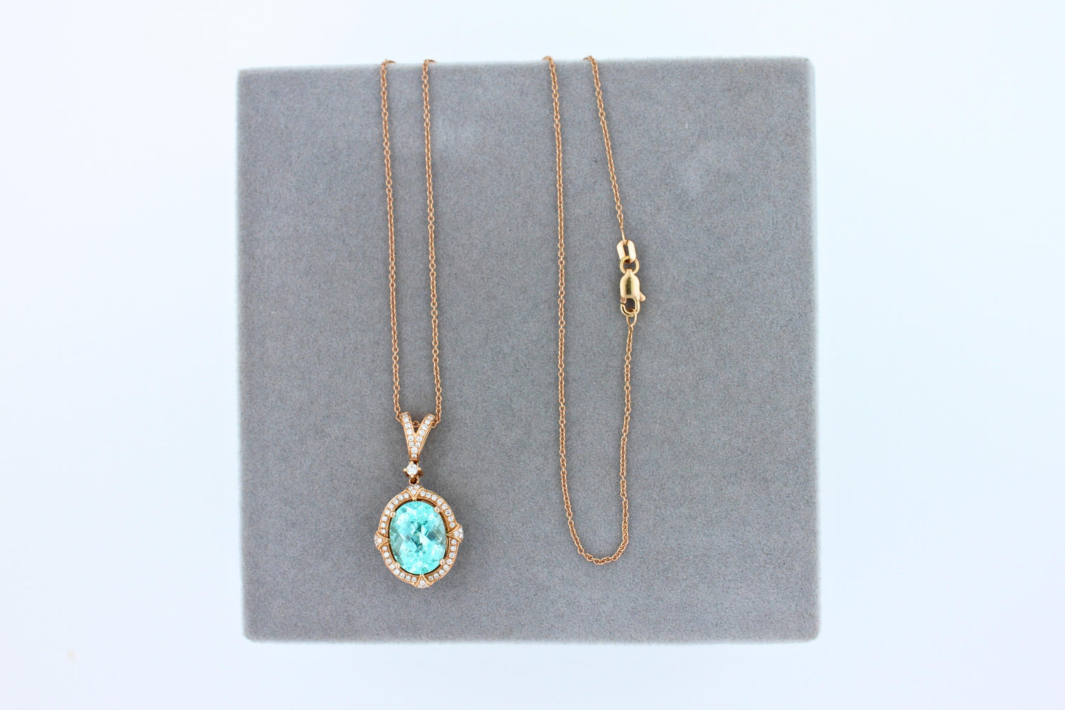 Teal Paraiba Tourmaline Diamond Halo Unique 18 Karat Rose Gold Pendant Necklace