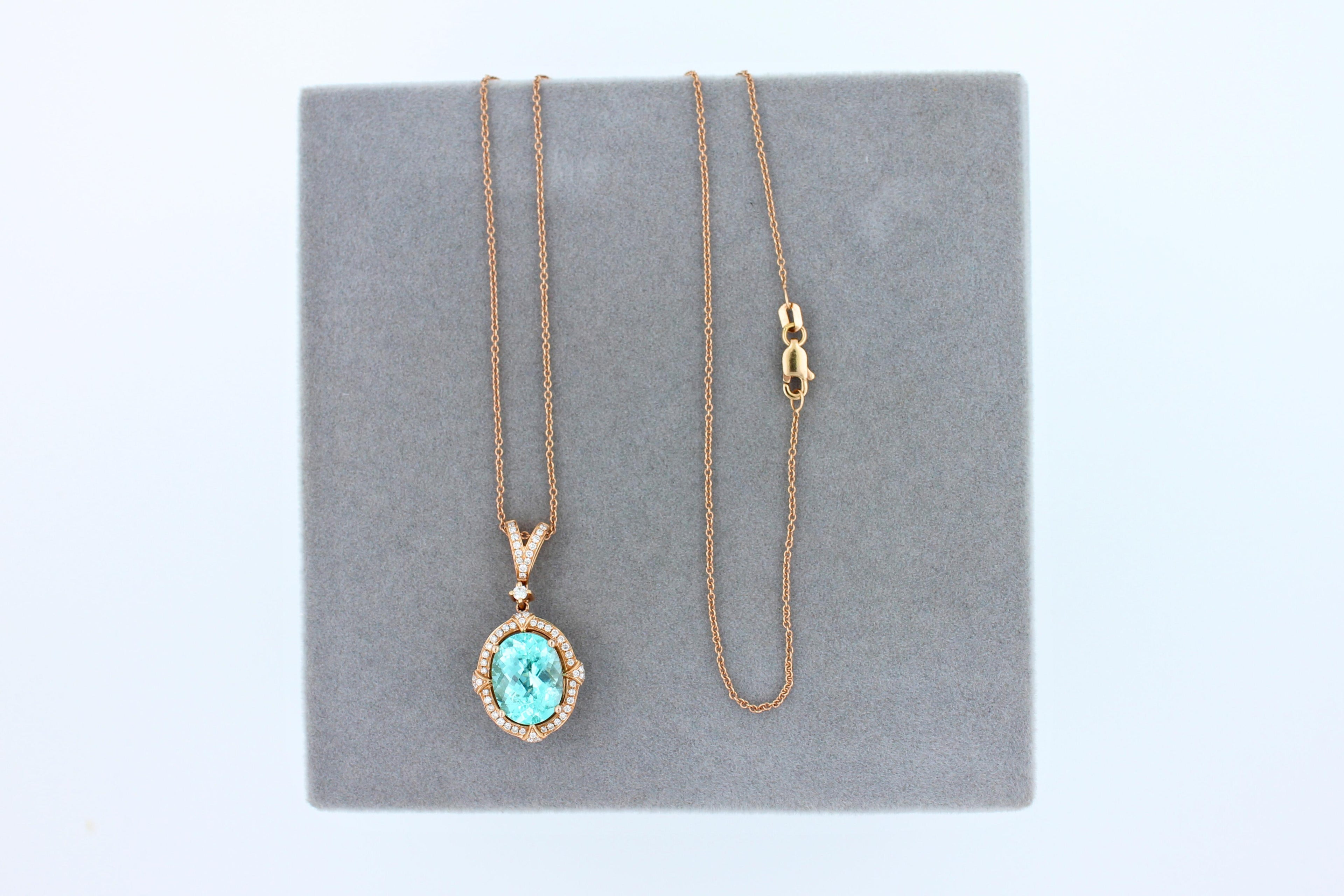 Teal Paraiba Tourmaline Diamond Halo Unique 18 Karat Rose Gold Pendant Necklace