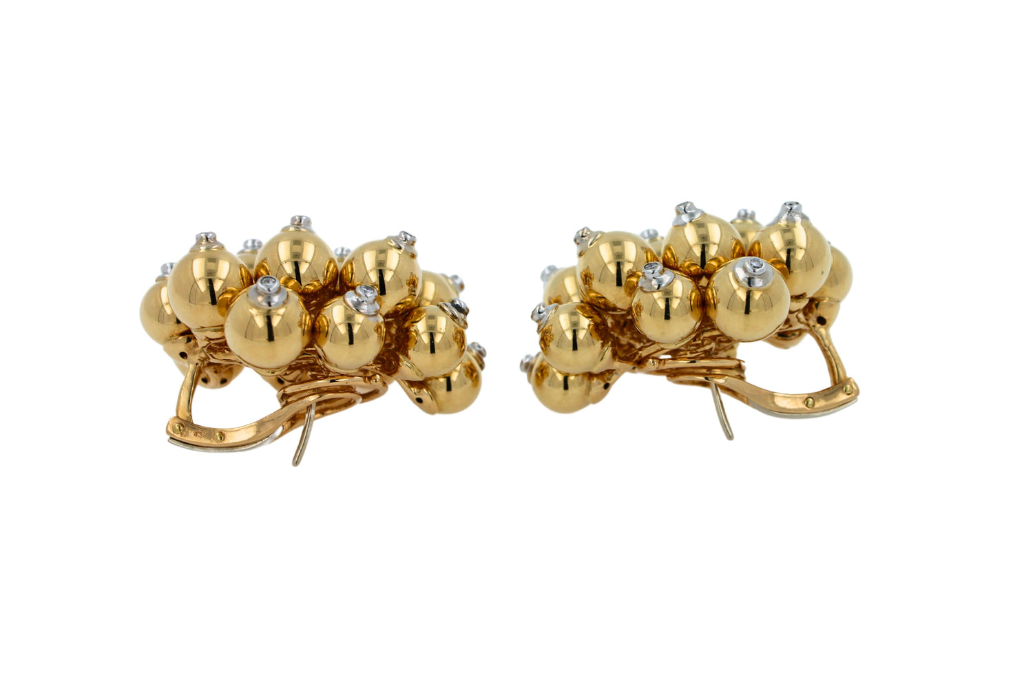 Diamonds Golden Spheres Gold Balls Geometric Bells Motif 18K Gold Earrings