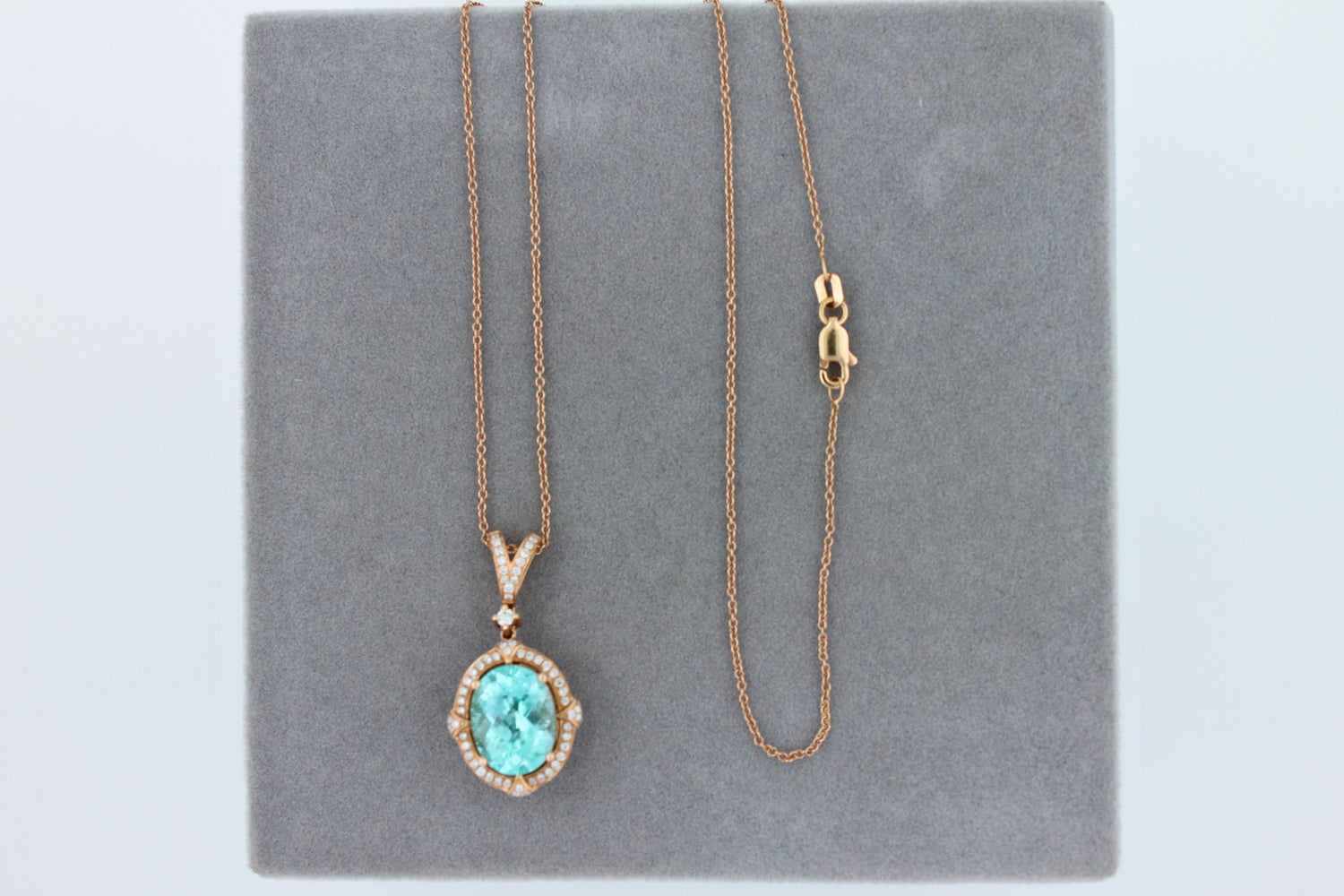 Teal Paraiba Tourmaline Diamond Halo Unique 18 Karat Rose Gold Pendant Necklace
