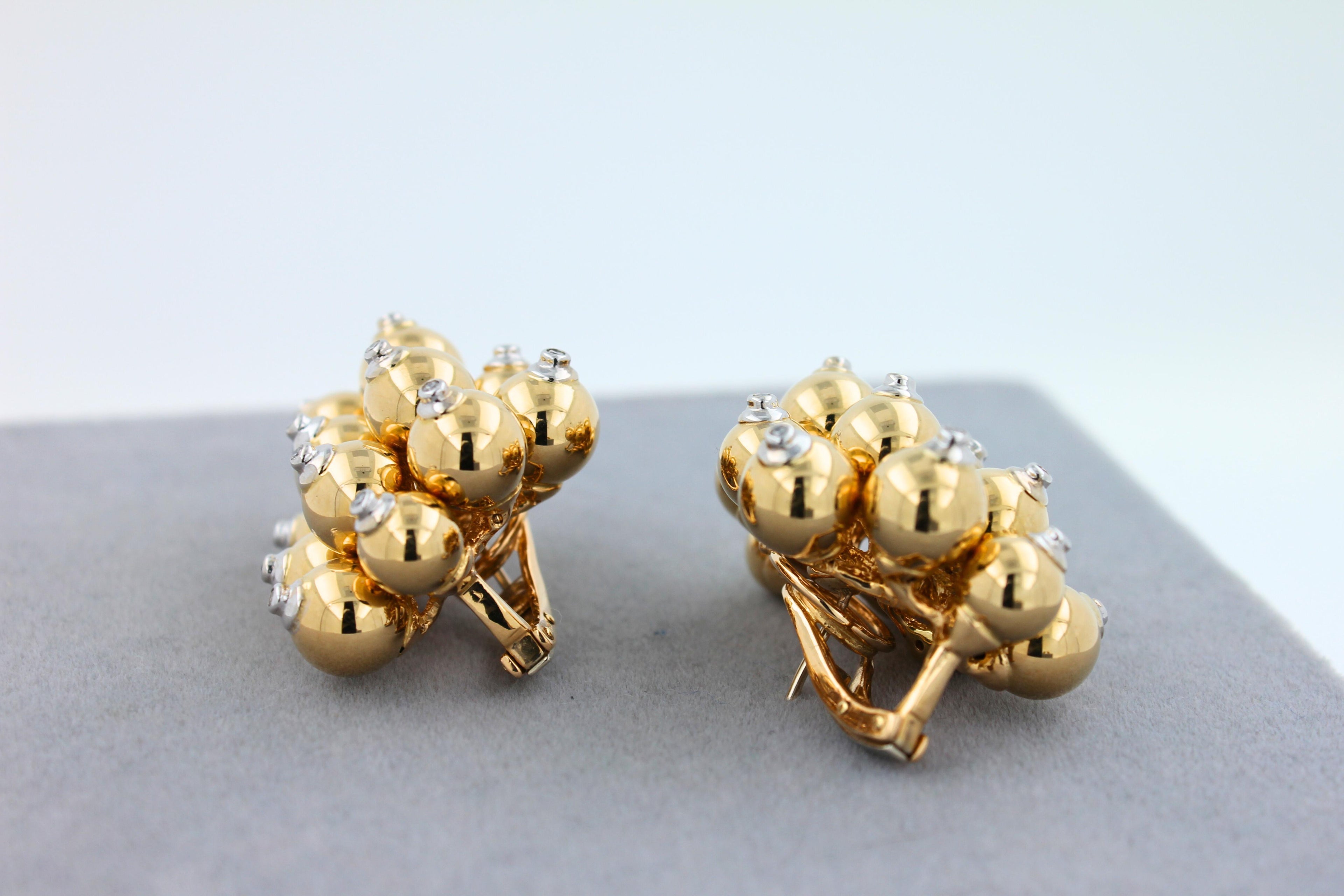Diamonds Golden Spheres Gold Balls Geometric Bells Motif 18K Gold Earrings