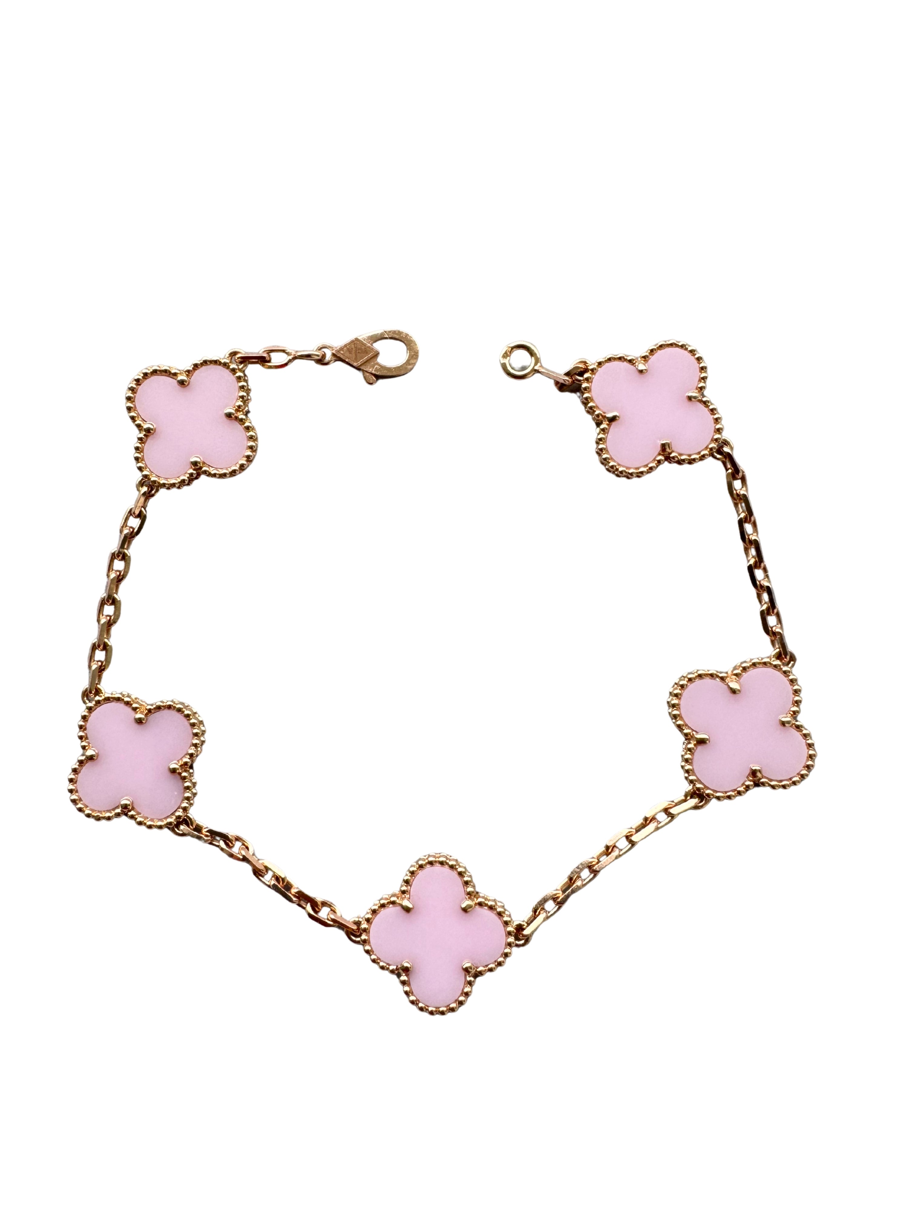 Van Cleef &amp; Arpels Vintage Alhambra Pink Porcelain 5 Motif 18K Rose Gold Bracelet