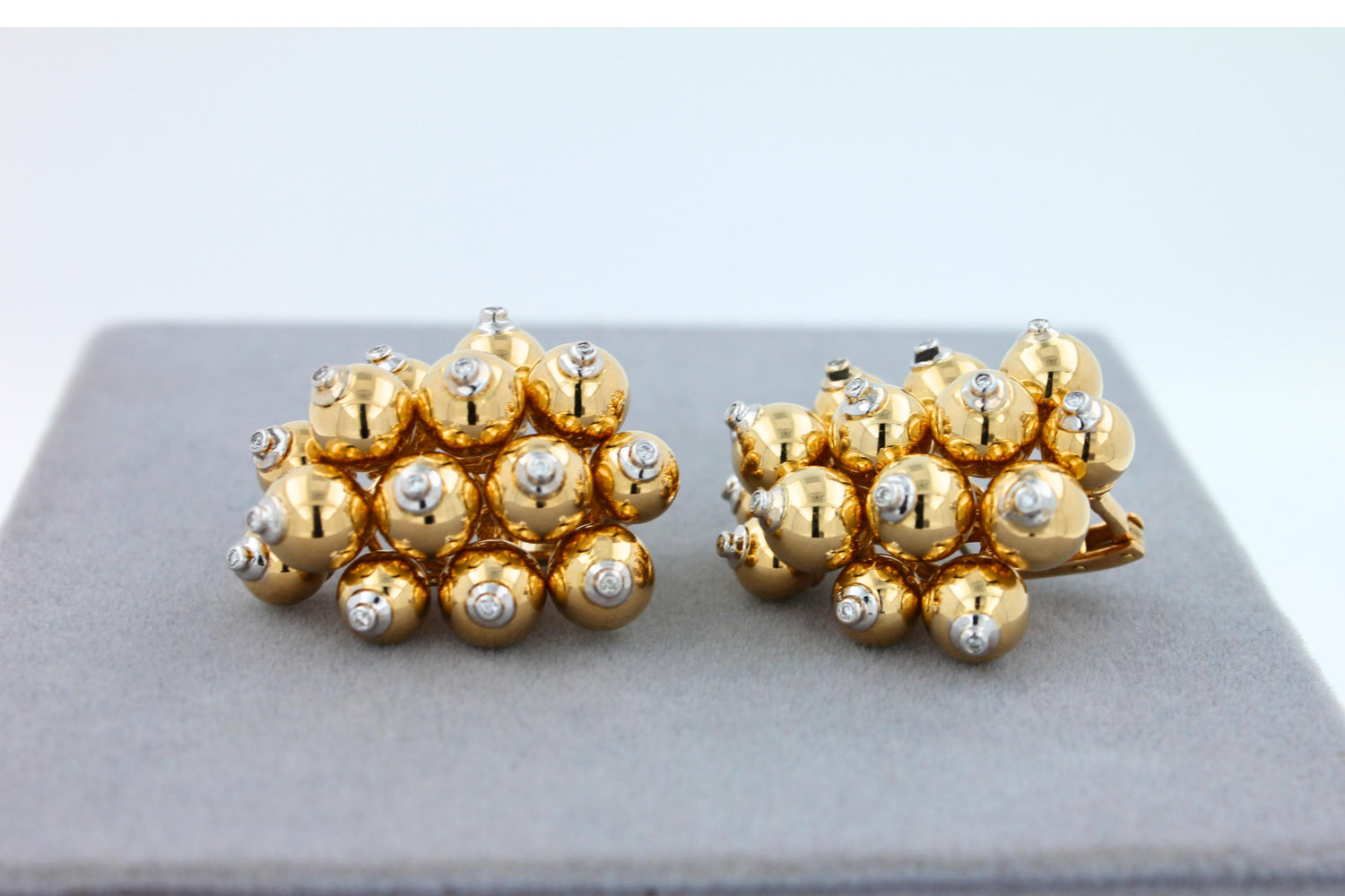 Diamonds Golden Spheres Gold Balls Geometric Bells Motif 18K Gold Earrings