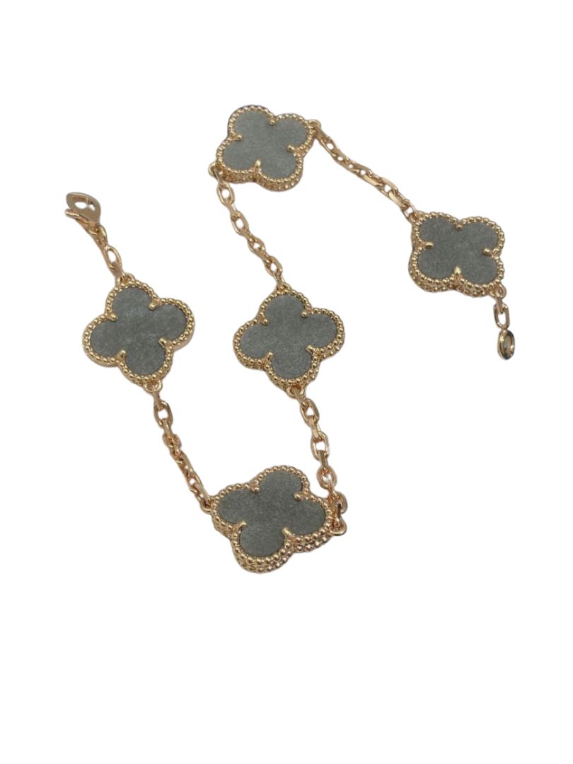 Van Cleef &amp; Arpels Vintage Alhambra Silver Grey Obsidian 18K Rose Gold Estate Pre-Owned 5 Motif Statement Bracelet