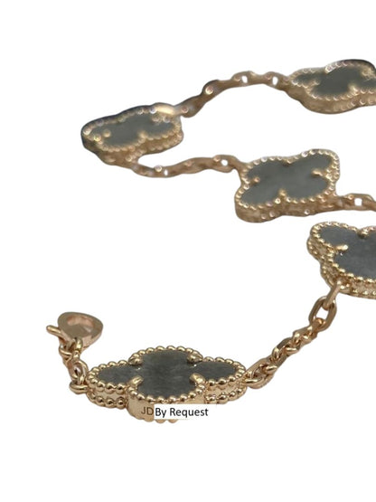 Van Cleef &amp; Arpels Vintage Alhambra Silver Grey Obsidian 18K Rose Gold Estate Pre-Owned 5 Motif Statement Bracelet