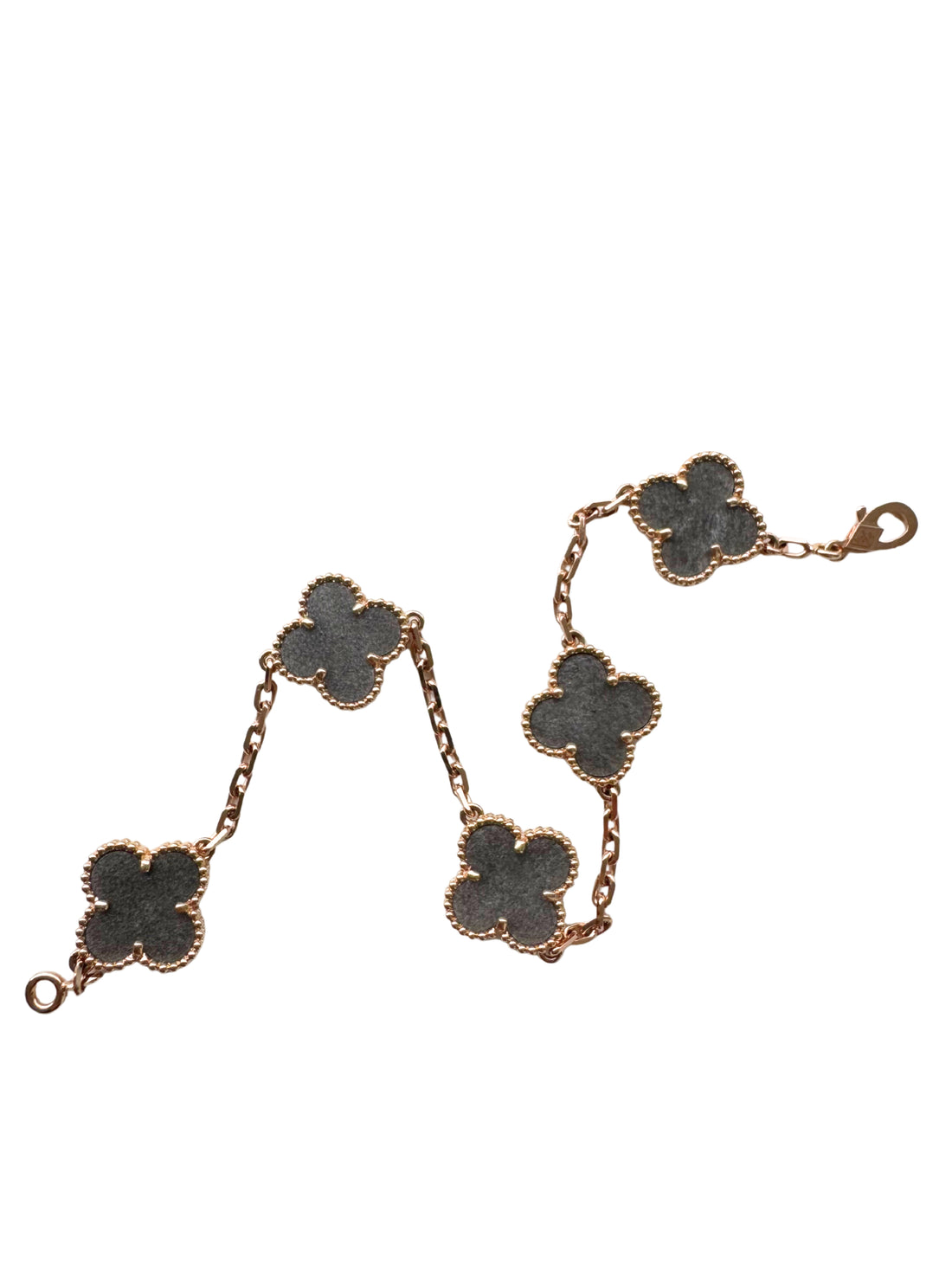 Van Cleef &amp; Arpels Vintage Alhambra Silver Grey Obsidian 18K Rose Gold Estate Pre-Owned 5 Motif Statement Bracelet