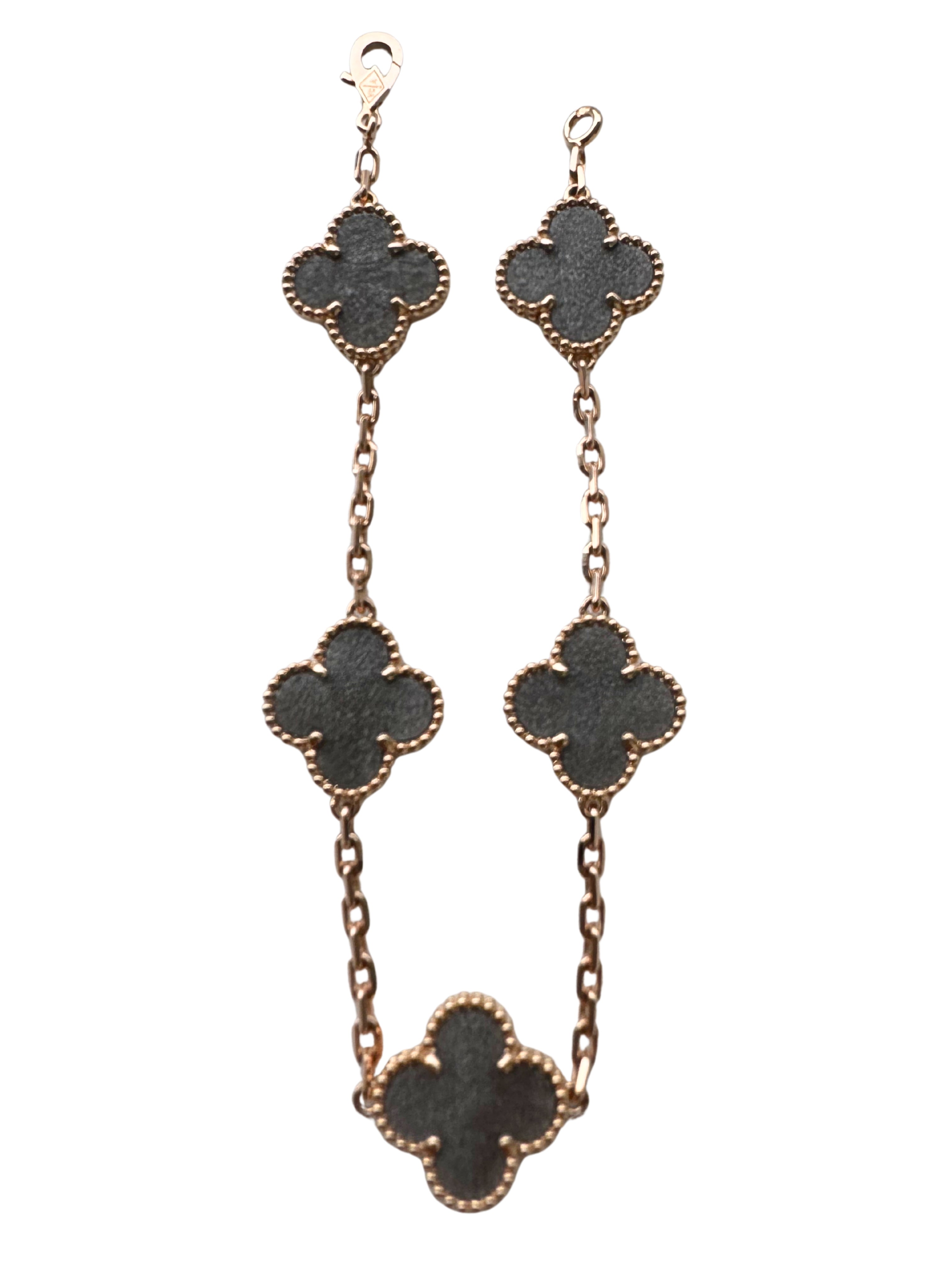 Van Cleef &amp; Arpels Vintage Alhambra Silver Grey Obsidian 18K Rose Gold Estate Pre-Owned 5 Motif Statement Bracelet