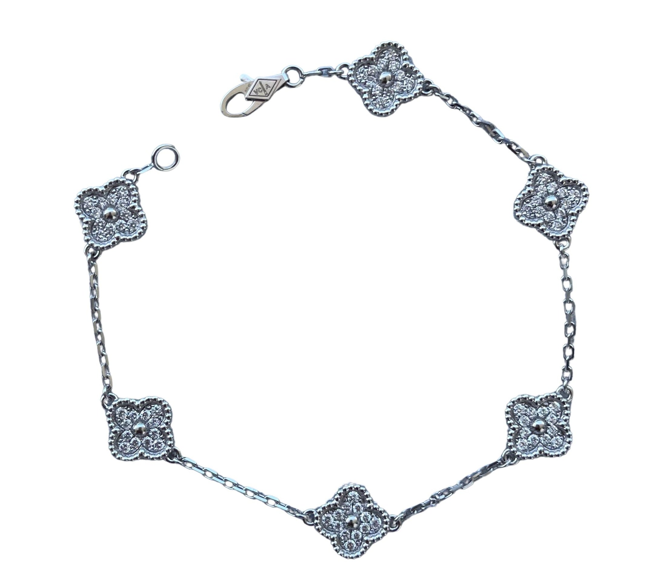 Van Cleef &amp; Arpels Sweet Alhambra Diamond Pave 6 Motifs 18K White Gold Bracelet