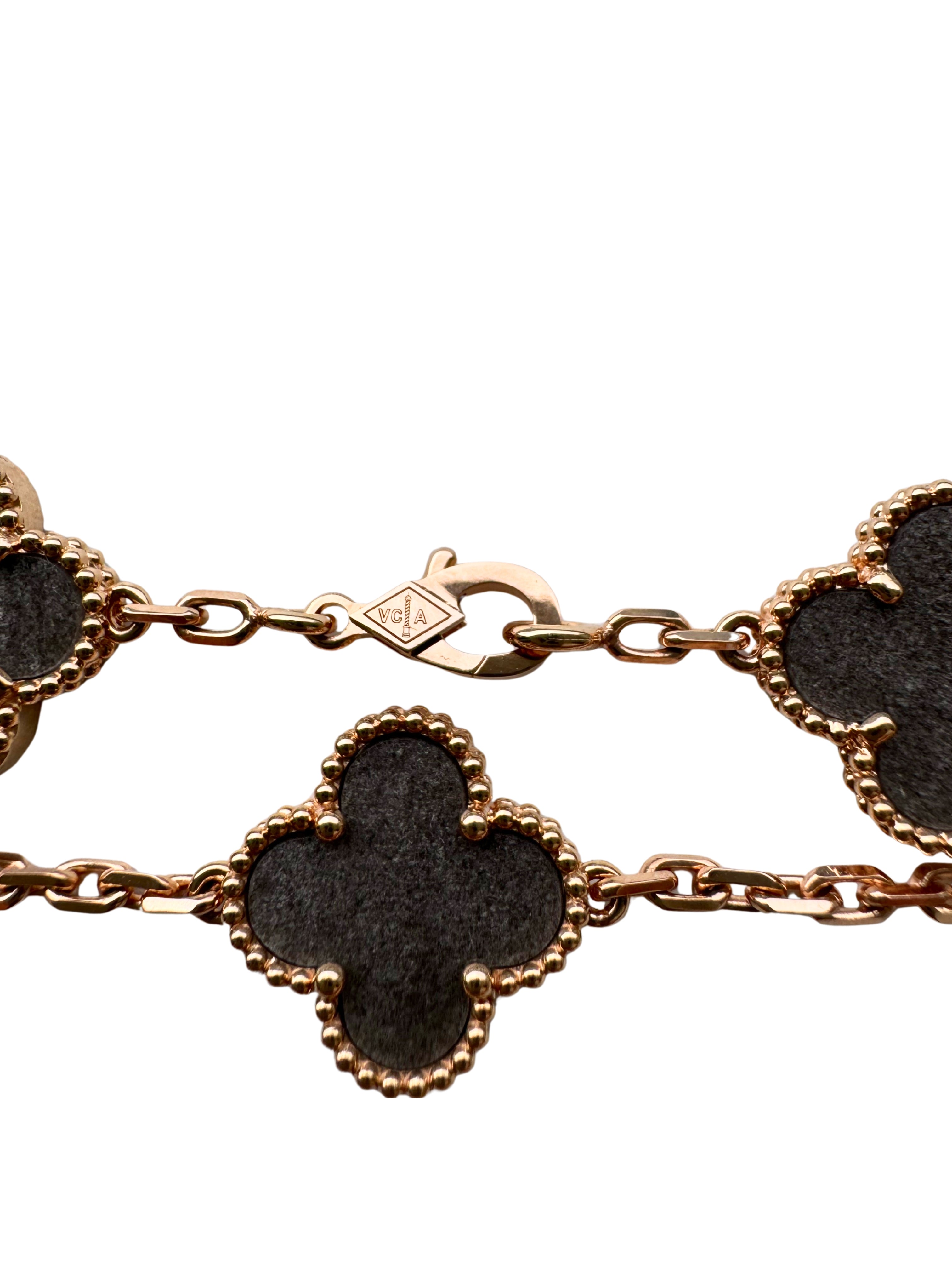 Van Cleef &amp; Arpels Vintage Alhambra Silver Grey Obsidian 18K Rose Gold Estate Pre-Owned 5 Motif Statement Bracelet