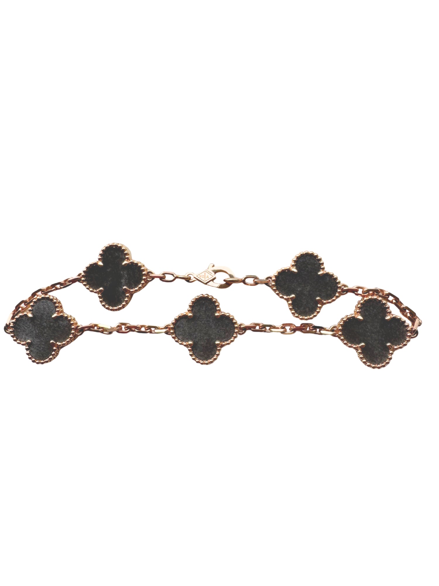 Van Cleef &amp; Arpels Vintage Alhambra Silver Grey Obsidian 18K Rose Gold Estate Pre-Owned 5 Motif Statement Bracelet