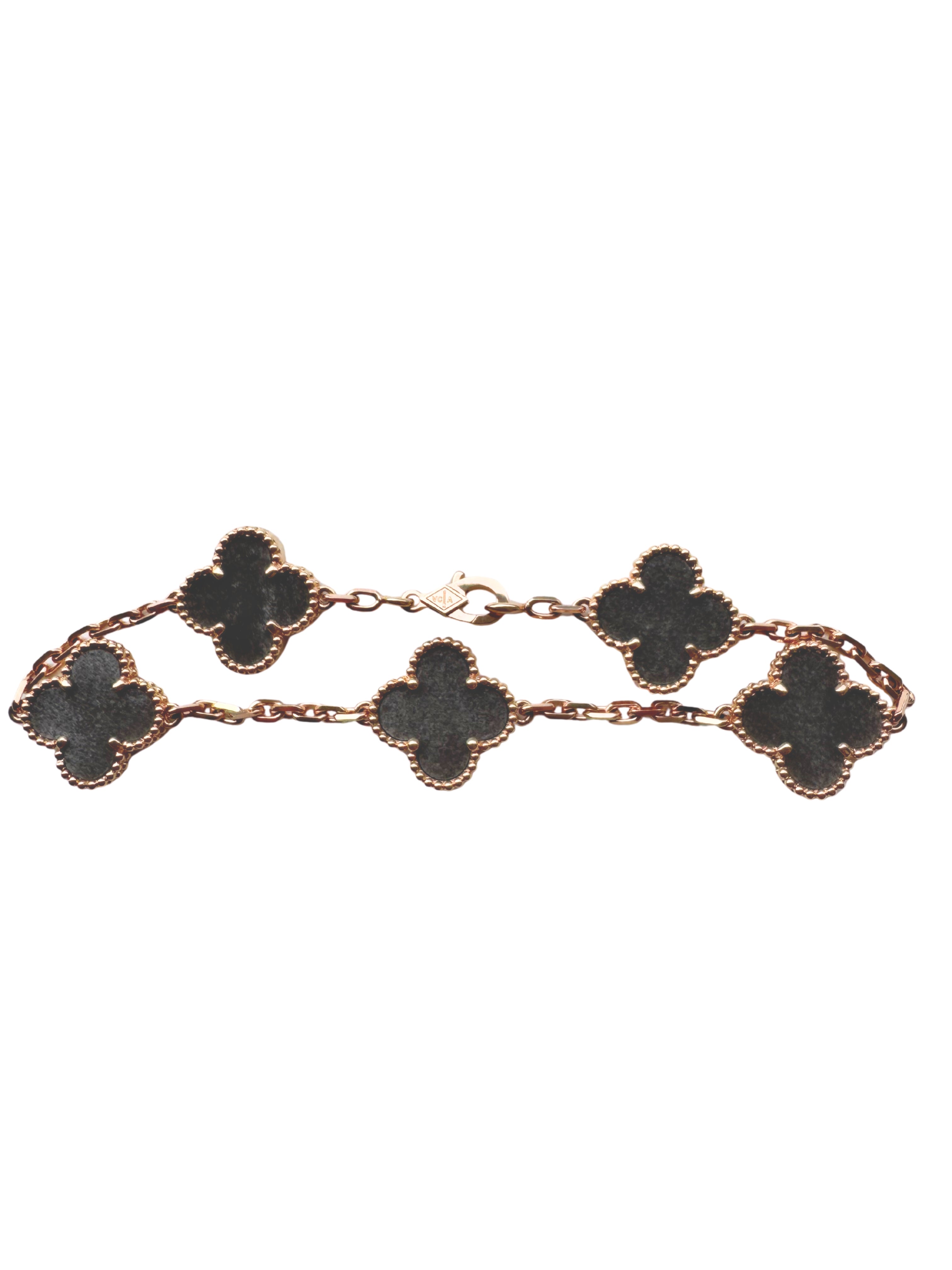Van Cleef &amp; Arpels Vintage Alhambra Silver Grey Obsidian 18K Rose Gold Estate Pre-Owned 5 Motif Statement Bracelet