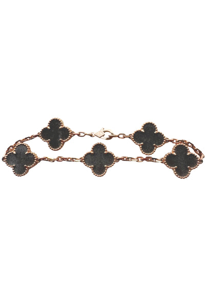Van Cleef &amp; Arpels Vintage Alhambra Silver Grey Obsidian 18K Rose Gold Estate Pre-Owned 5 Motif Statement Bracelet