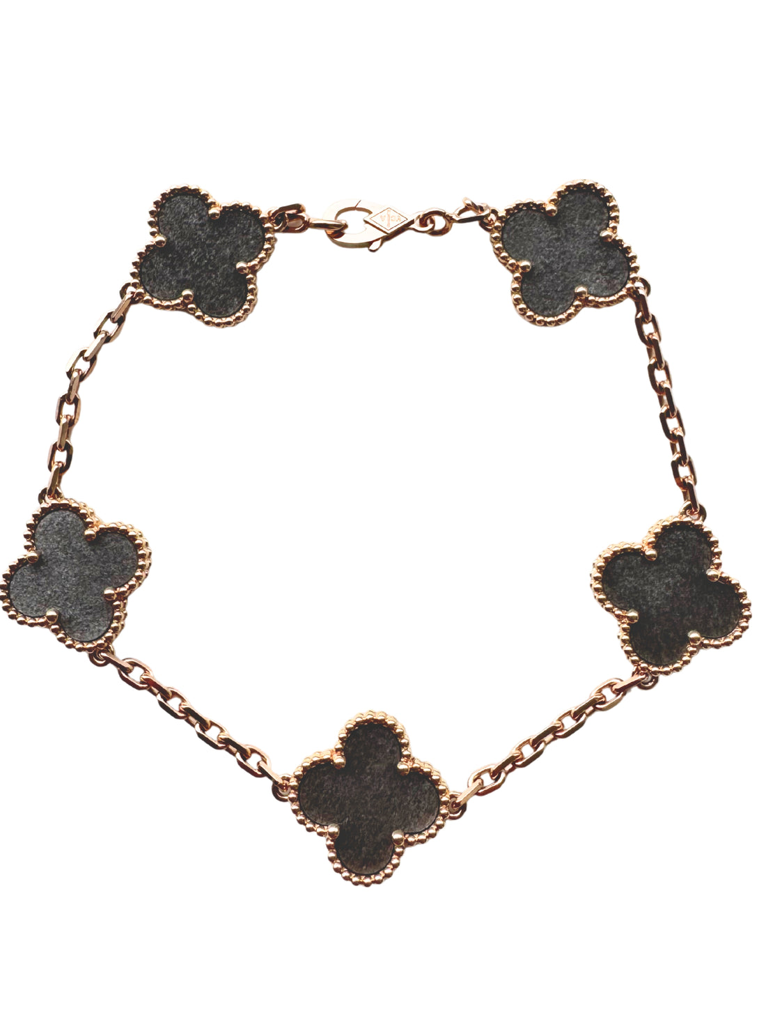 Van Cleef &amp; Arpels Vintage Alhambra Silver Grey Obsidian 18K Rose Gold Estate Pre-Owned 5 Motif Statement Bracelet