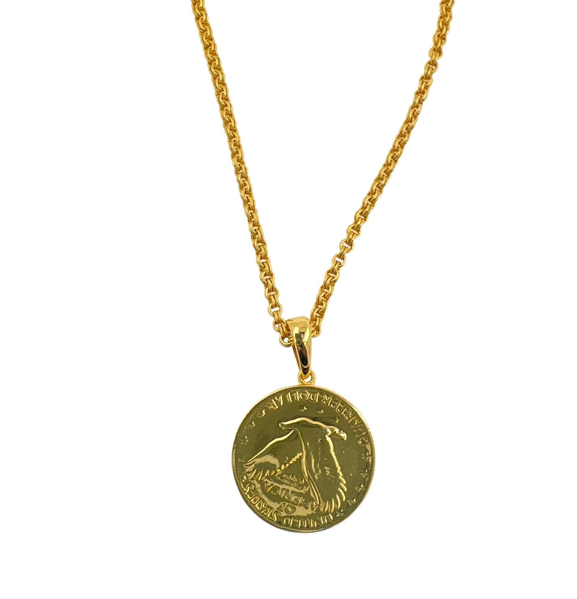 Vintage Dollar Coin Cable Lin Yellow Gold Vermeil Sterling Silver Chain Necklace