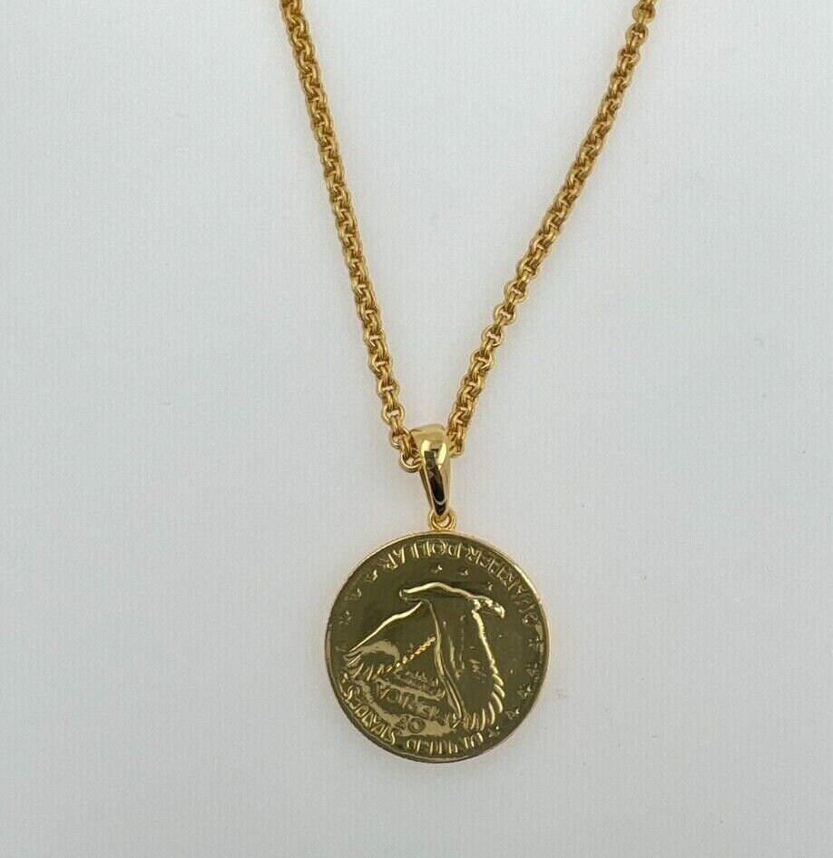 Vintage Dollar Coin Cable Lin Yellow Gold Vermeil Sterling Silver Chain Necklace