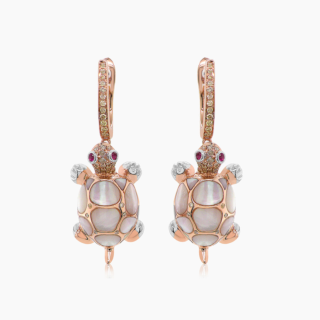 Turtles Fancy Diamond & Red Ruby & White Pearl 18K Rose Gold Animal Earrings