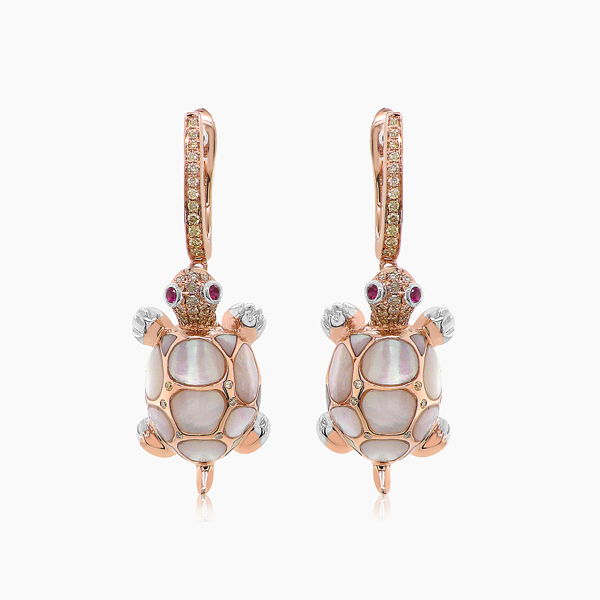 turtles fancy diamond & red ruby & white pearl 18k rose gold animal earrings