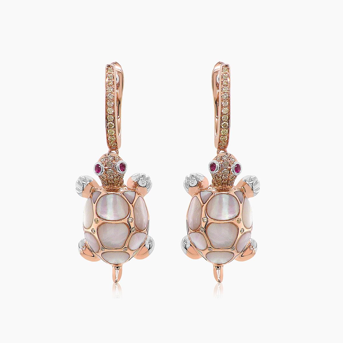 turtles fancy diamond & red ruby & white pearl 18k rose gold animal earrings