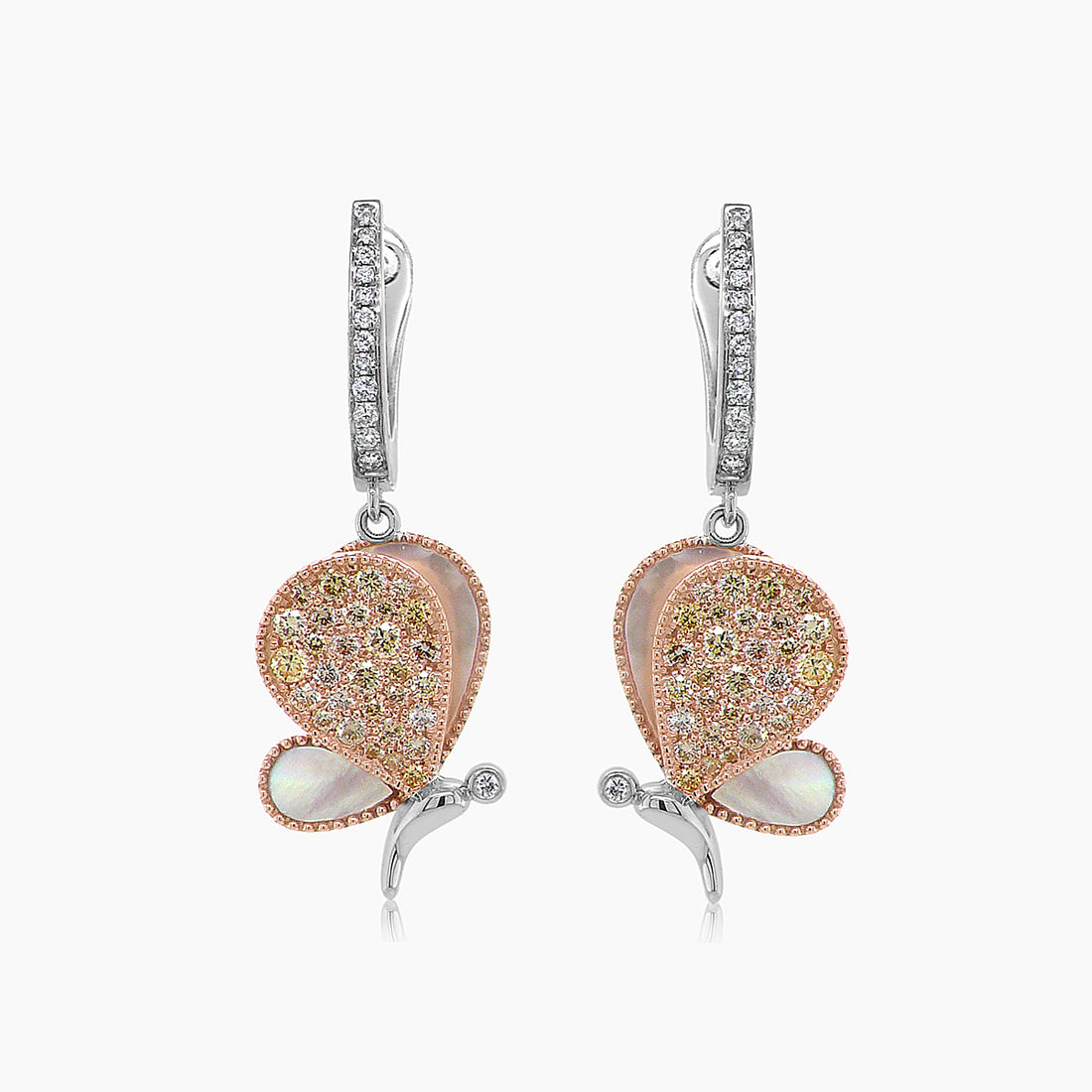 White Mother of Pearl & Diamonds Butterfly Sweet 18K Rose Gold Clip Earrings