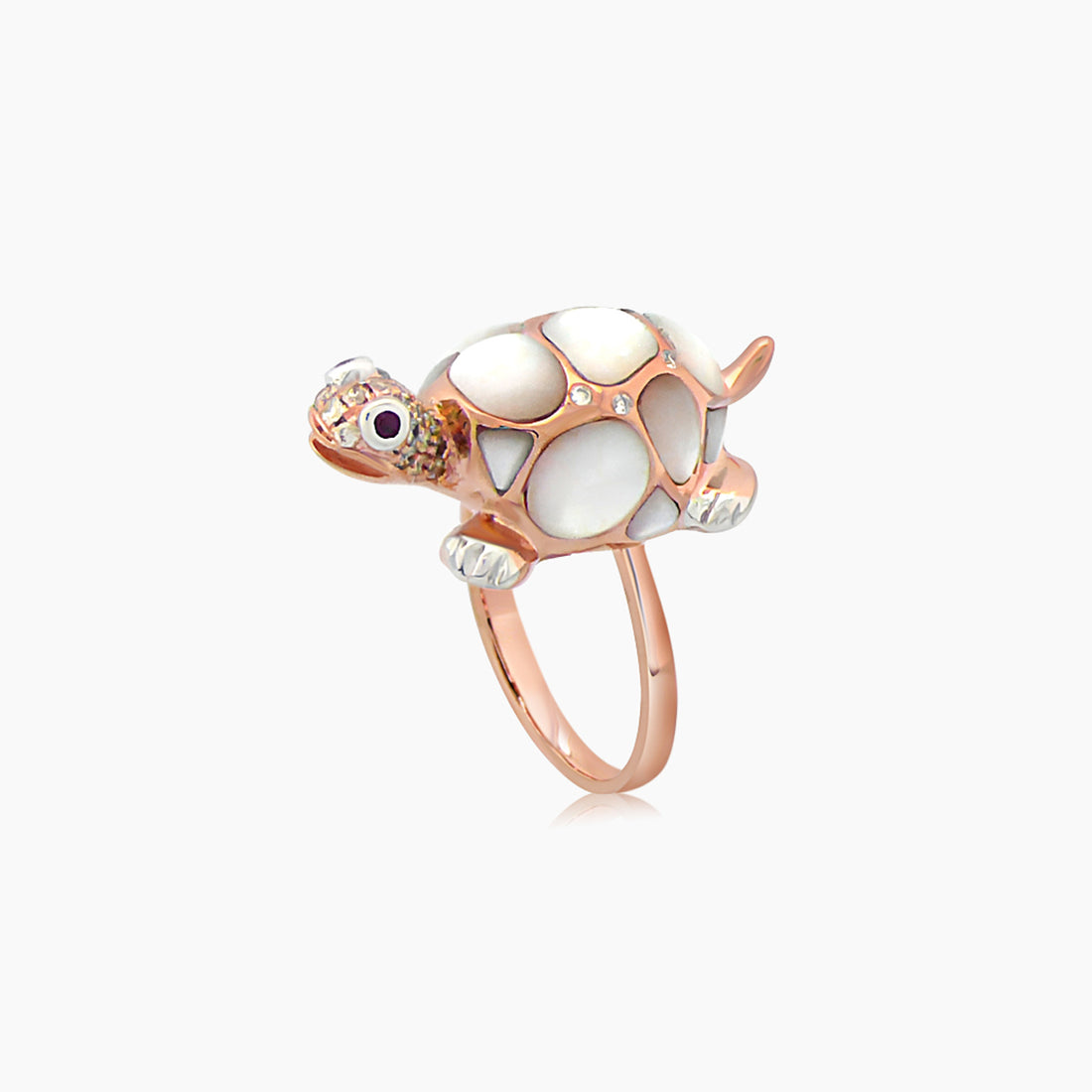 White Pearl  Fancy Diamond Ruby & White Diamond 18K Rose Gold Turtle Ring