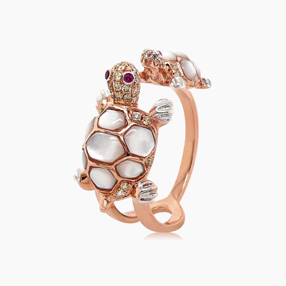 White Pearl Fancy Diamond Ruby 18K Rose Gold Turtle Ring