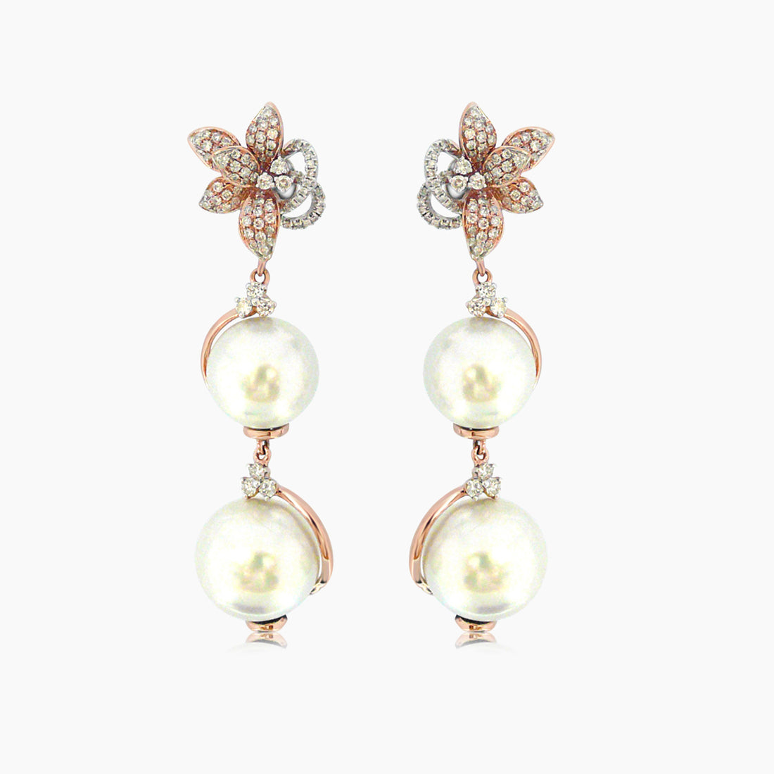 South Sea Pearl & White Diamond Floral Flower 18K Gold Drop Statement Earrings