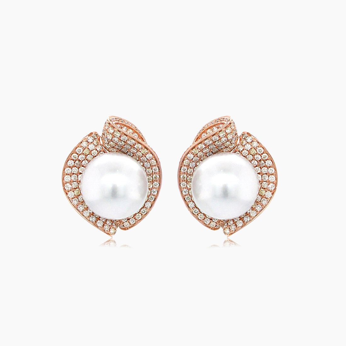 South Sea White Pearl Fancy Diamond Floral Pave Set 18K Rose Gold Earrings