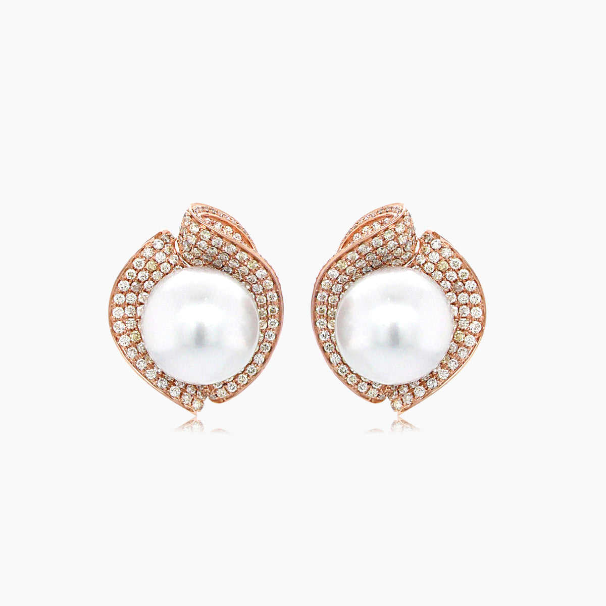 south sea white pearl fancy diamond floral pave set 18k rose gold earrings