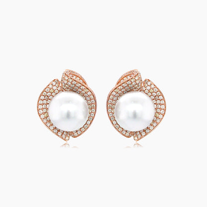 South Sea White Pearl Fancy Diamond Floral Pave Set 18K Rose Gold Earrings