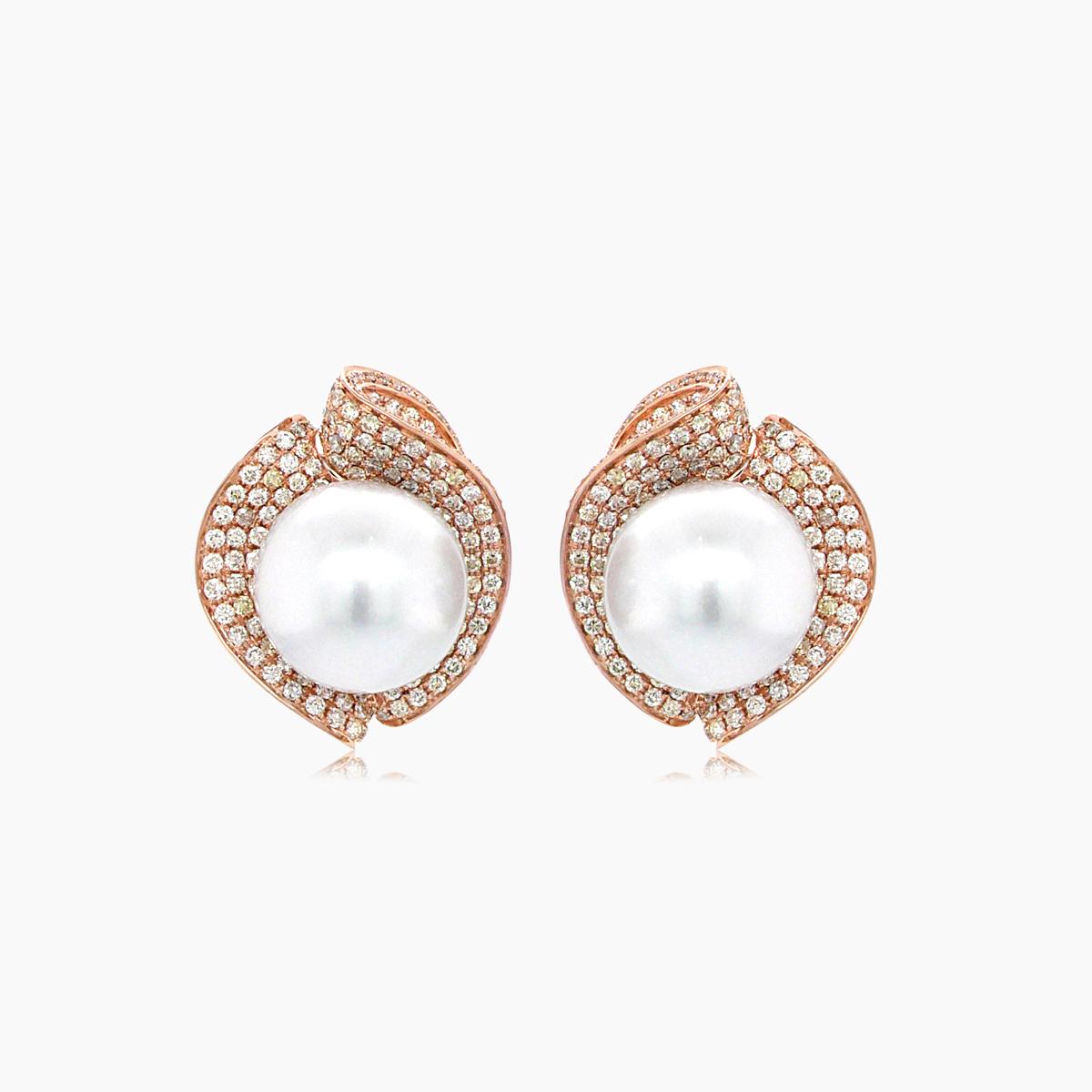 South Sea White Pearl Fancy Diamond Floral Pave Set 18K Rose Gold Earrings
