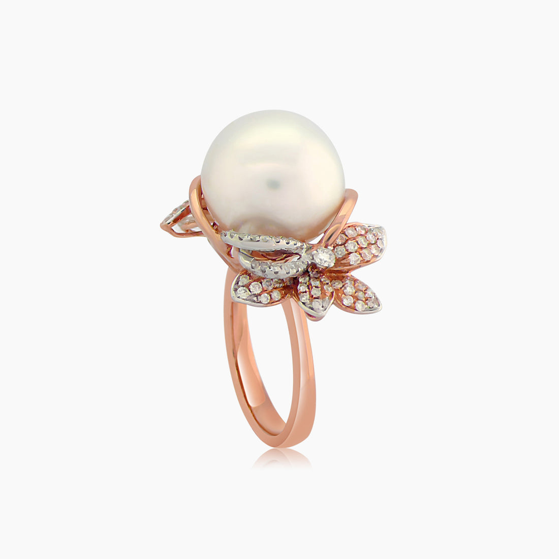 South Sea White Pearl & White Diamond Flower Floral 18K Rose Gold Ring