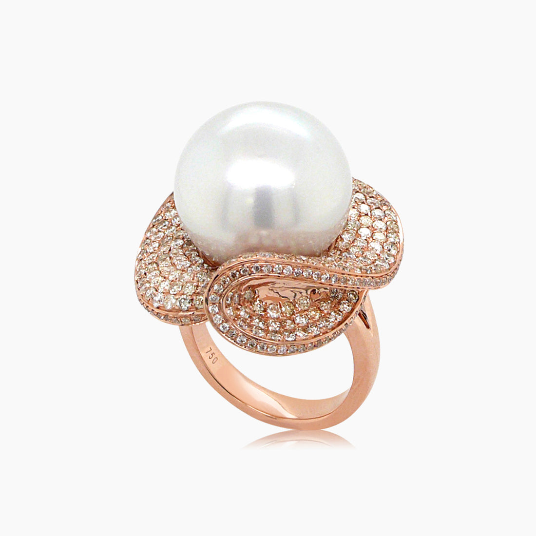 White South Sea Pearl & Fancy Diamond & Brown Diamond Floral 18K Rose Gold Ring