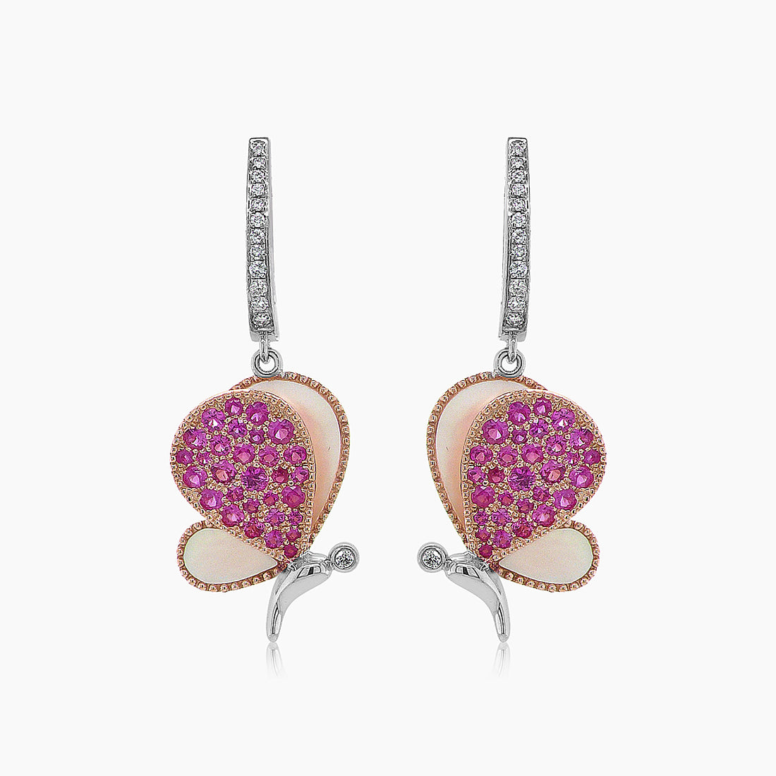Pink Sapphire & Pearl & Diamonds Butterfly Sweet 18K White Gold Clip Earrings