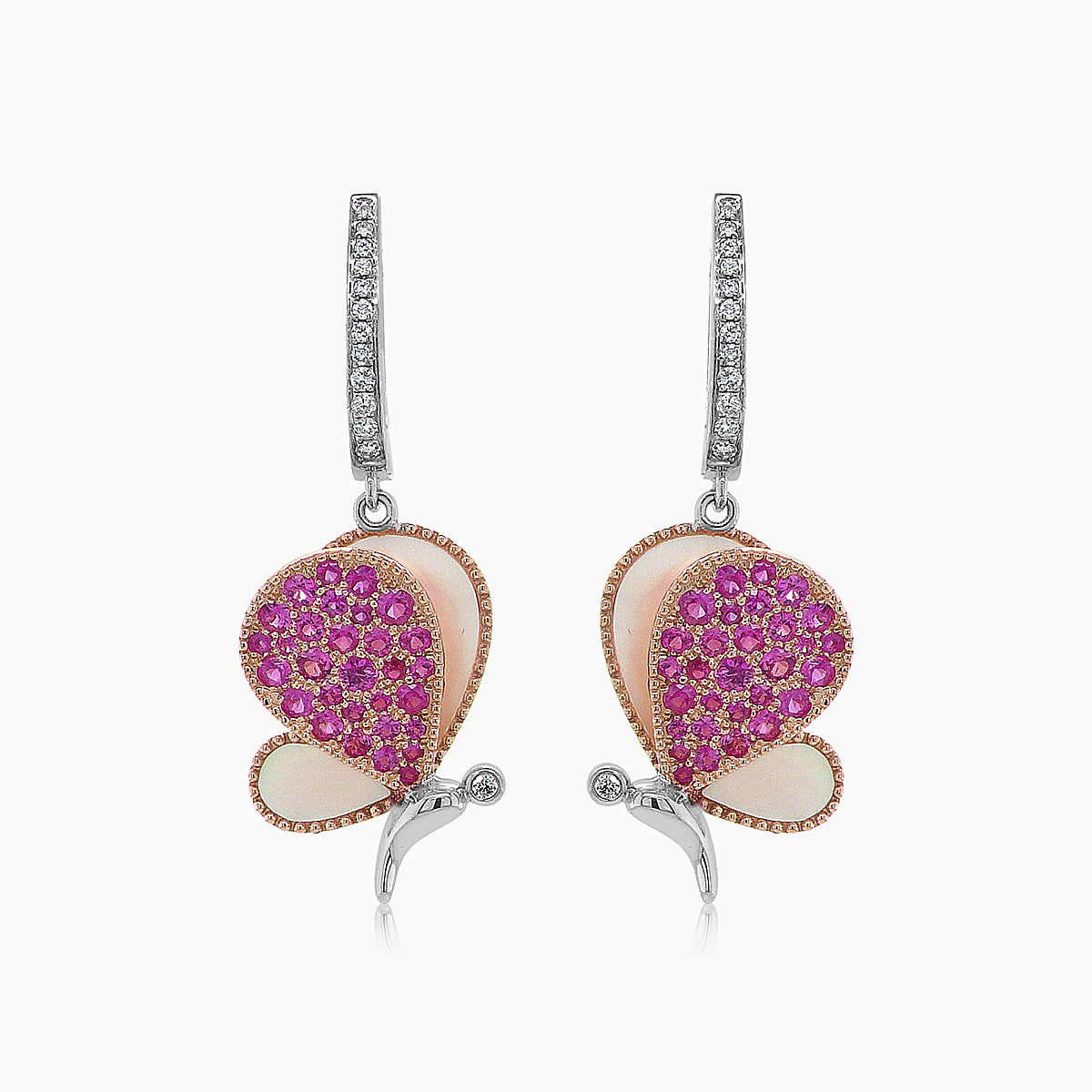 pink sapphire & pearl & diamonds butterfly sweet 18k white gold clip earrings