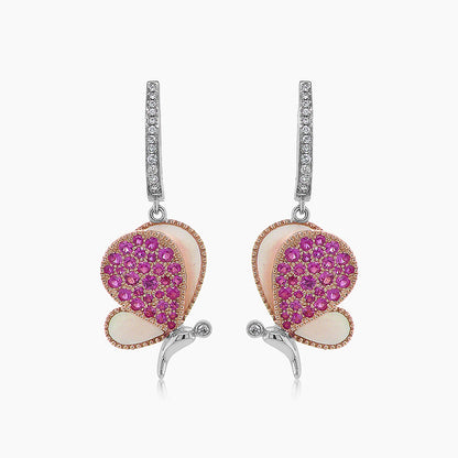 Pink Sapphire & Pearl & Diamonds Butterfly Sweet 18K White Gold Clip Earrings