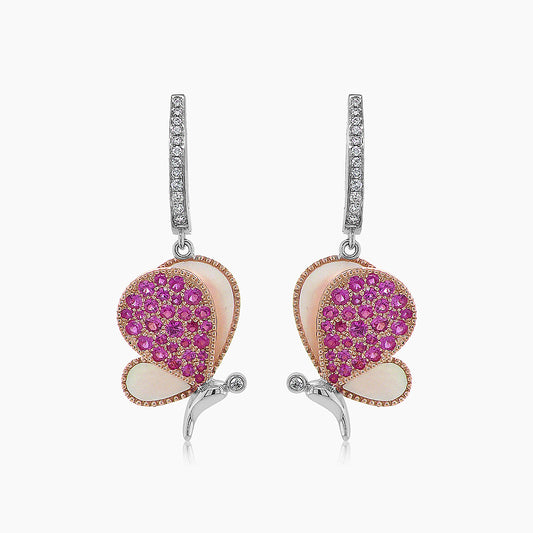 Pink Sapphire & Pearl & Diamonds Butterfly Sweet 18K White Gold Clip Earrings