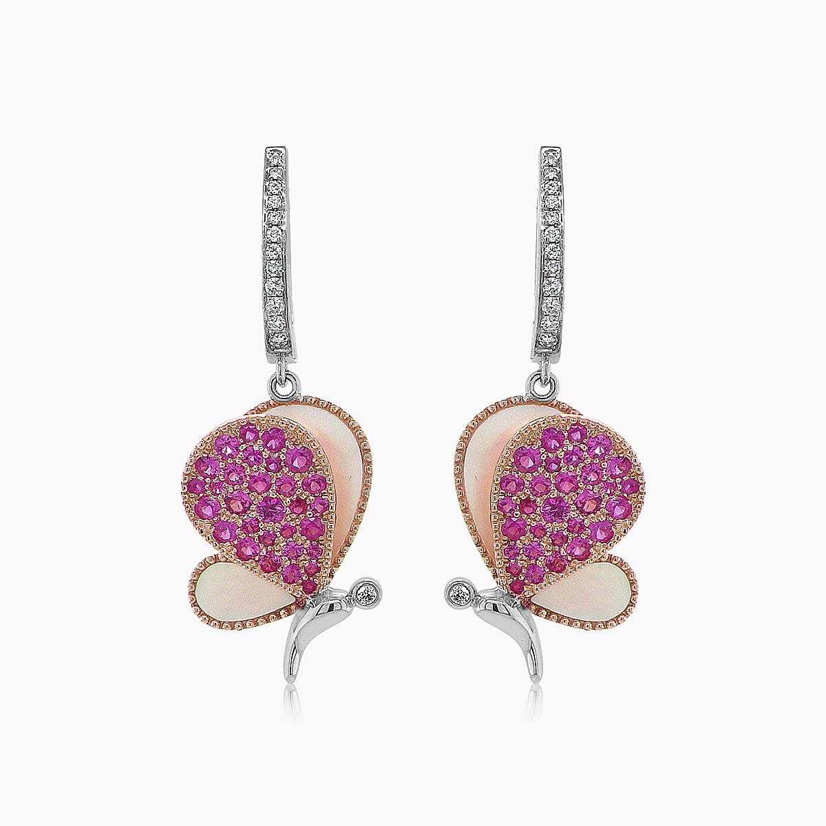 pink sapphire & pearl & diamonds butterfly sweet 18k white gold clip earrings