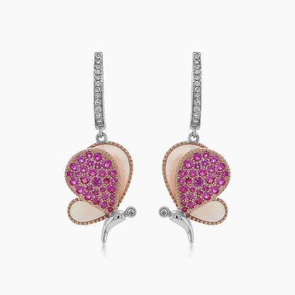 Pink Sapphire & Pearl & Diamonds Butterfly Sweet 18K White Gold Clip Earrings
