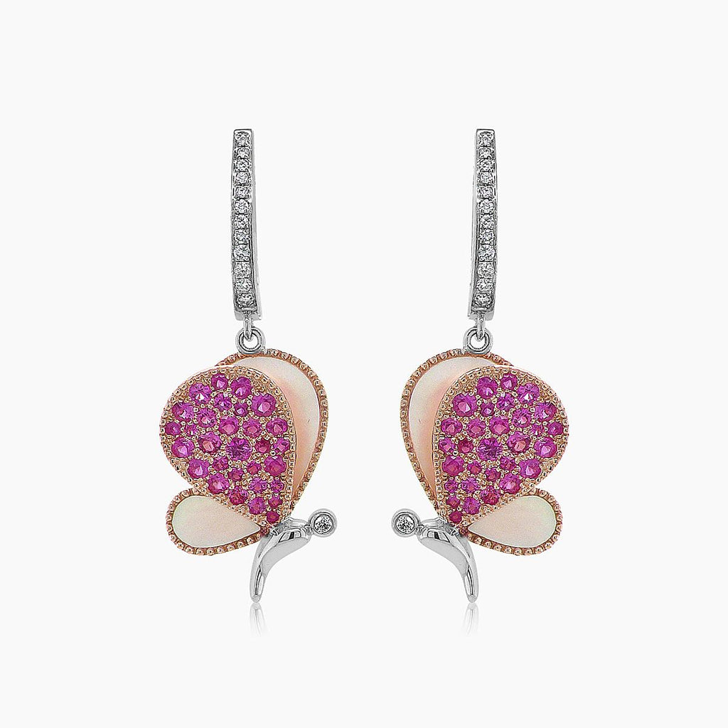 Pink Sapphire & Pearl & Diamonds Butterfly Sweet 18K White Gold Clip Earrings