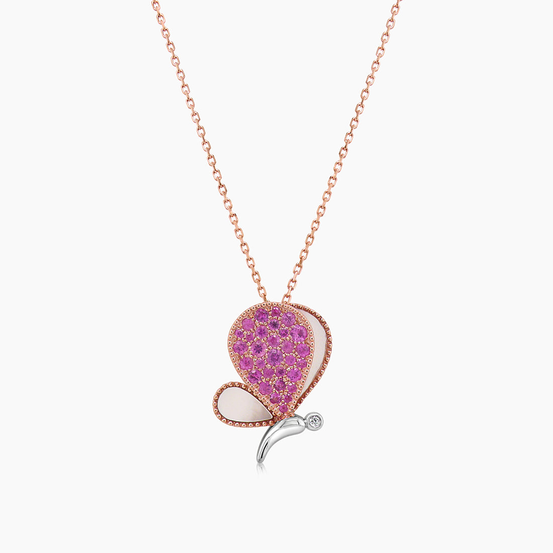 Pink Sapphire & Pearl & Diamonds Butterfly Sweet 18K Rose Gold Pendant Necklace