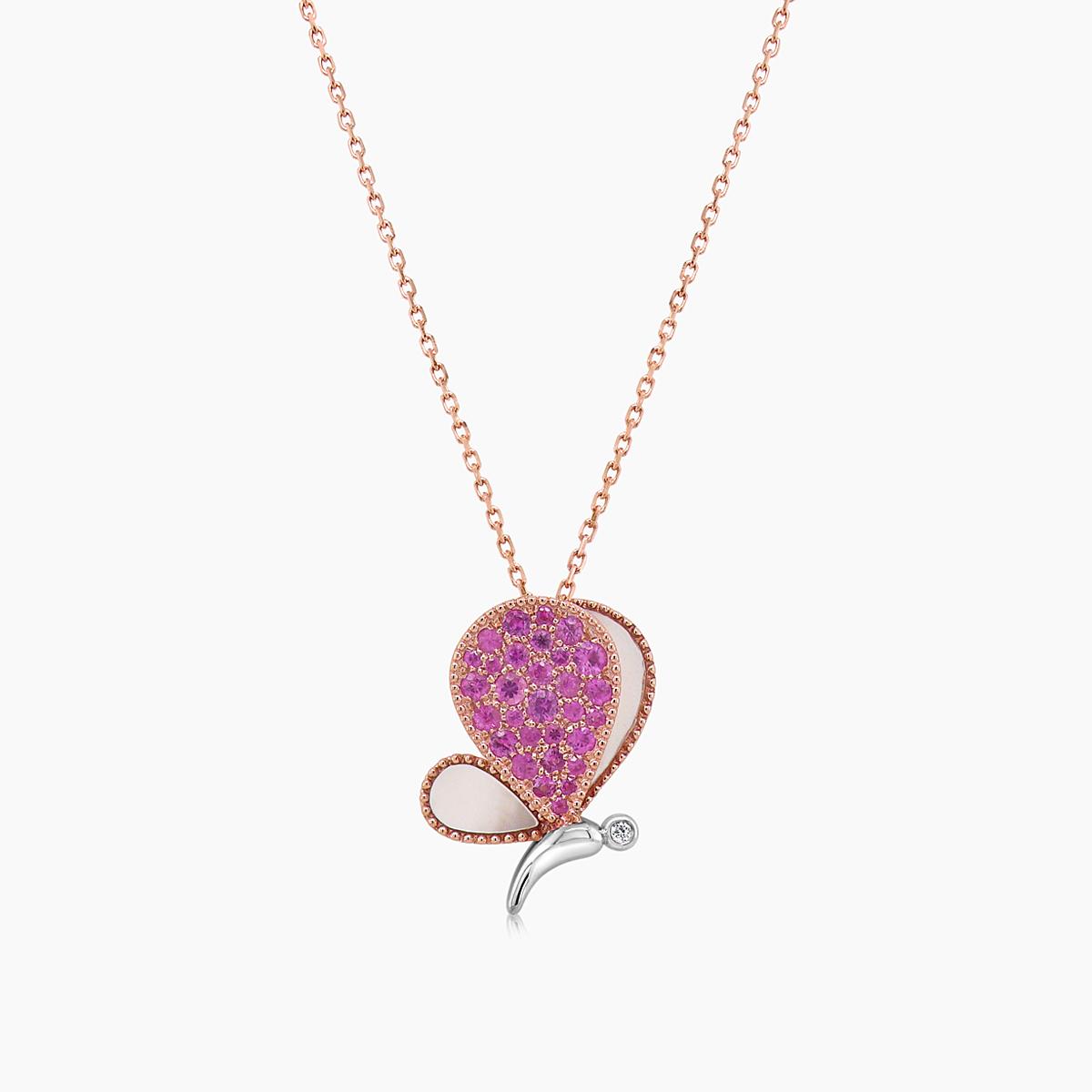 pink sapphire & pearl & diamonds butterfly sweet 18k rose gold pendant necklace