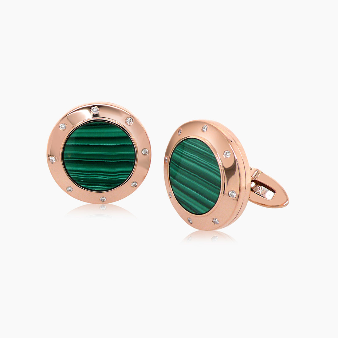 Green Malachite & White Pearl & Diamond 18K Rose Gold Button Cufflinks
